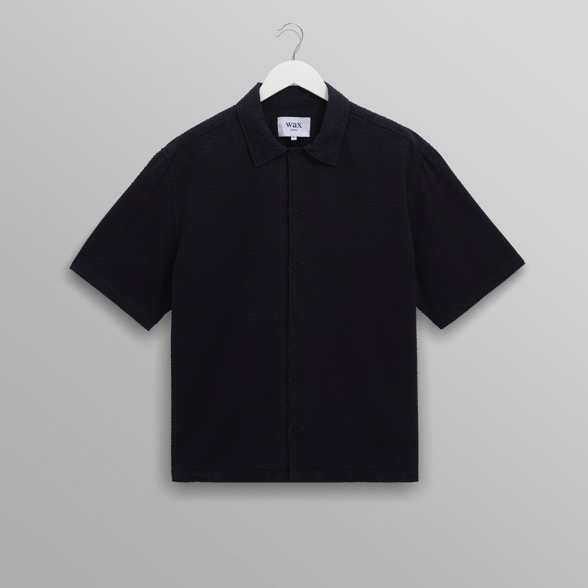 wax london men's Keats - Navy Cotton Seersucker Short-Sleeve Shirt