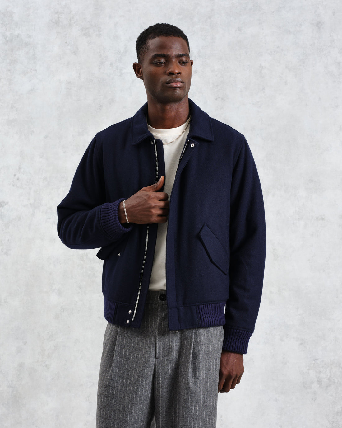 wax london men's Knoll - Navy Wool Bomber Jacket