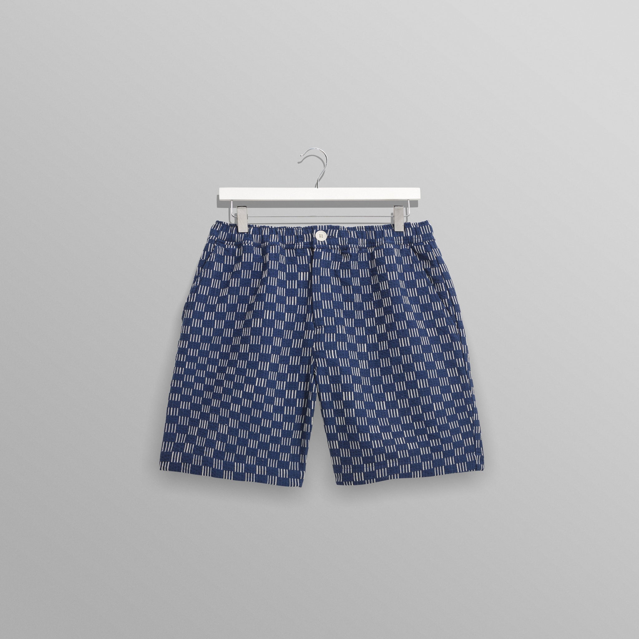 wax london men's Kurt - Indigo And Ecru Geometric Grid Stitch Shorts