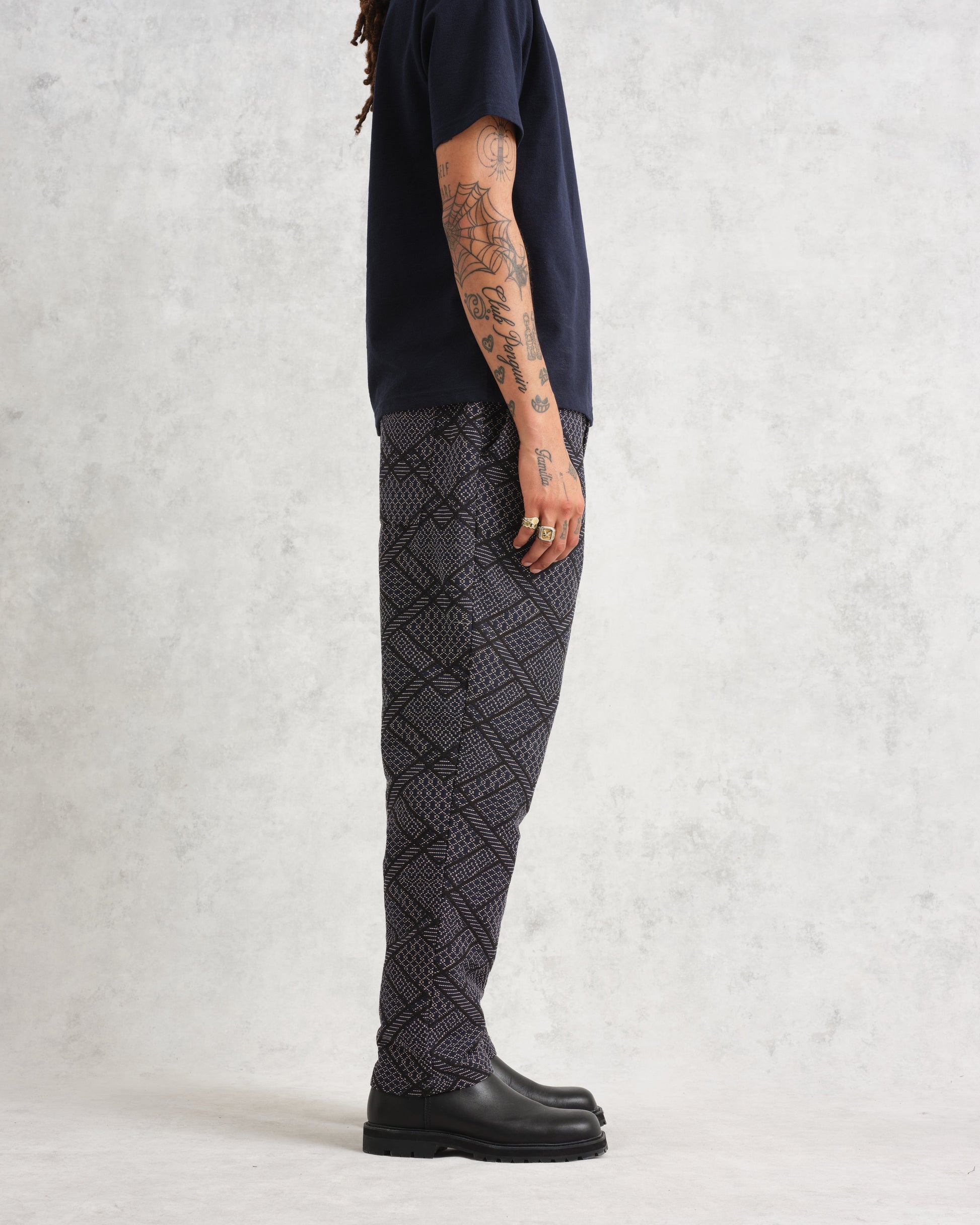wax london men's Kurt - Navy Diamond Stitch Jacquard Trousers