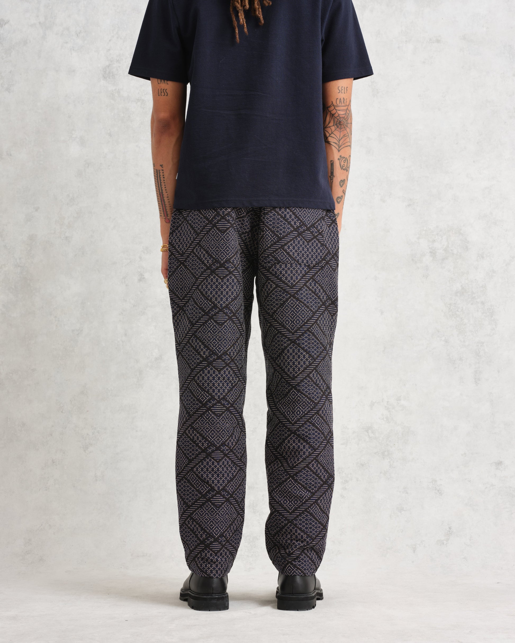 wax london men's Kurt - Navy Diamond Stitch Jacquard Trousers