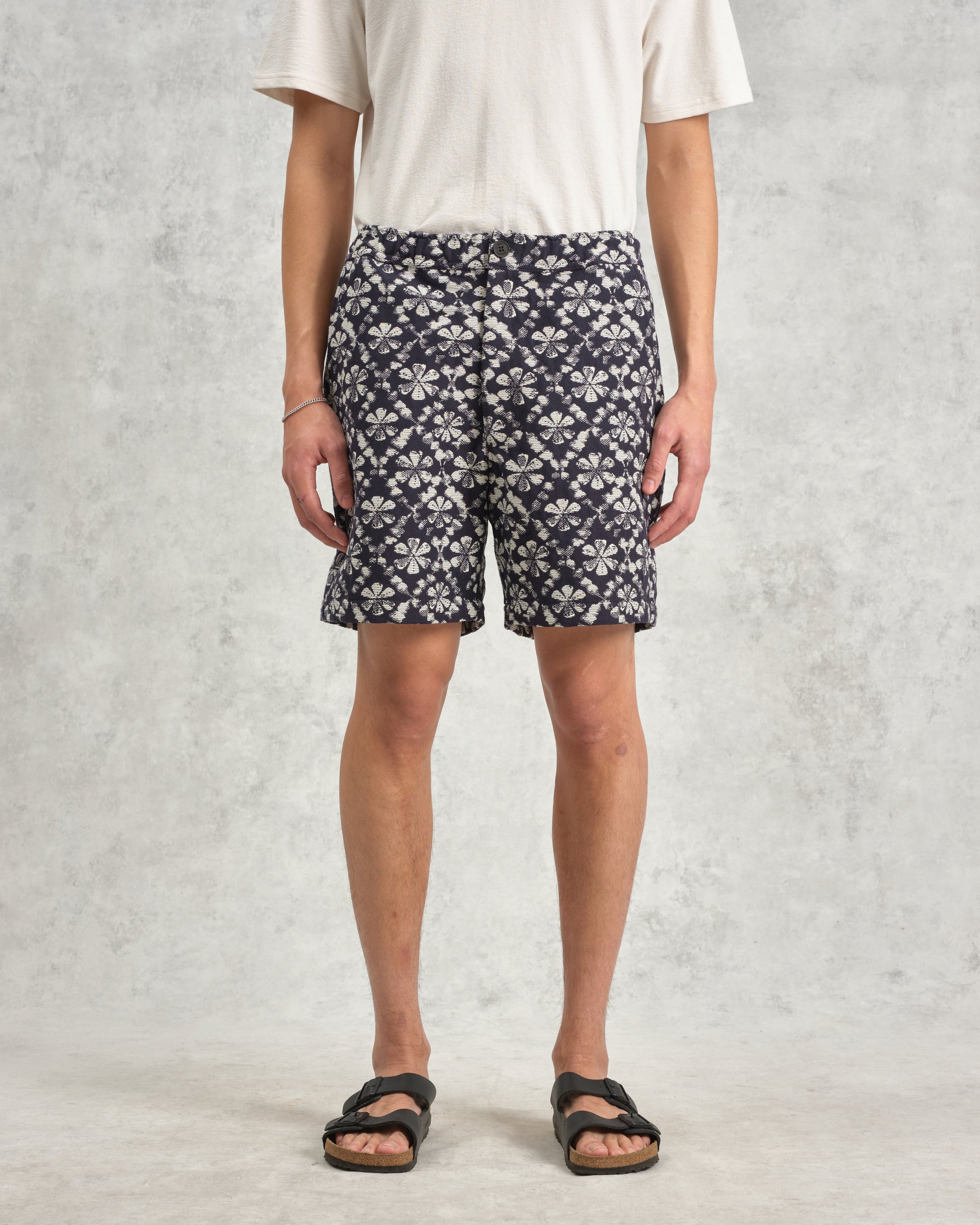 wax london men's Kurt - Navy Flower Stamp Jacquard Shorts