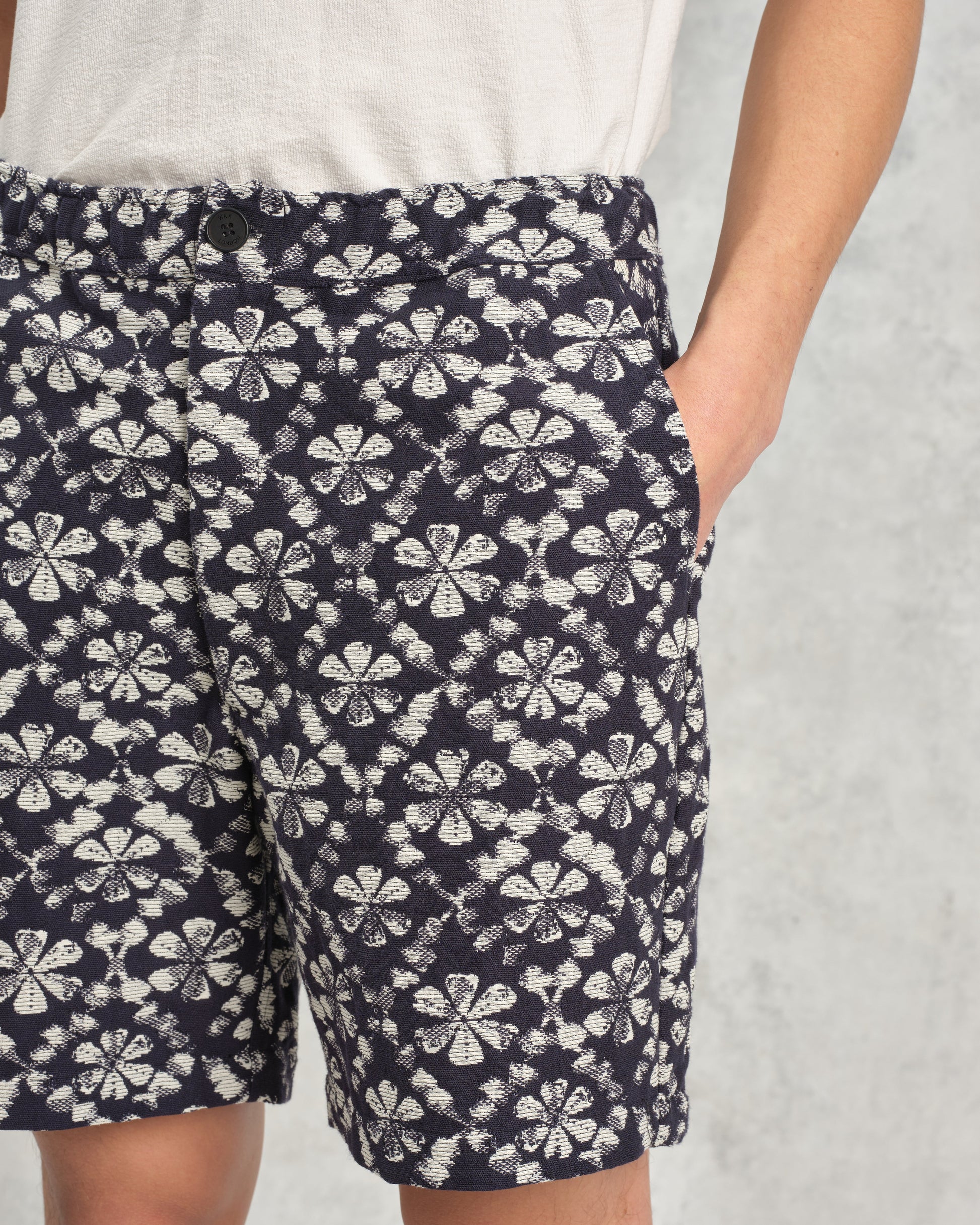 wax london men's Kurt - Navy Flower Stamp Jacquard Shorts