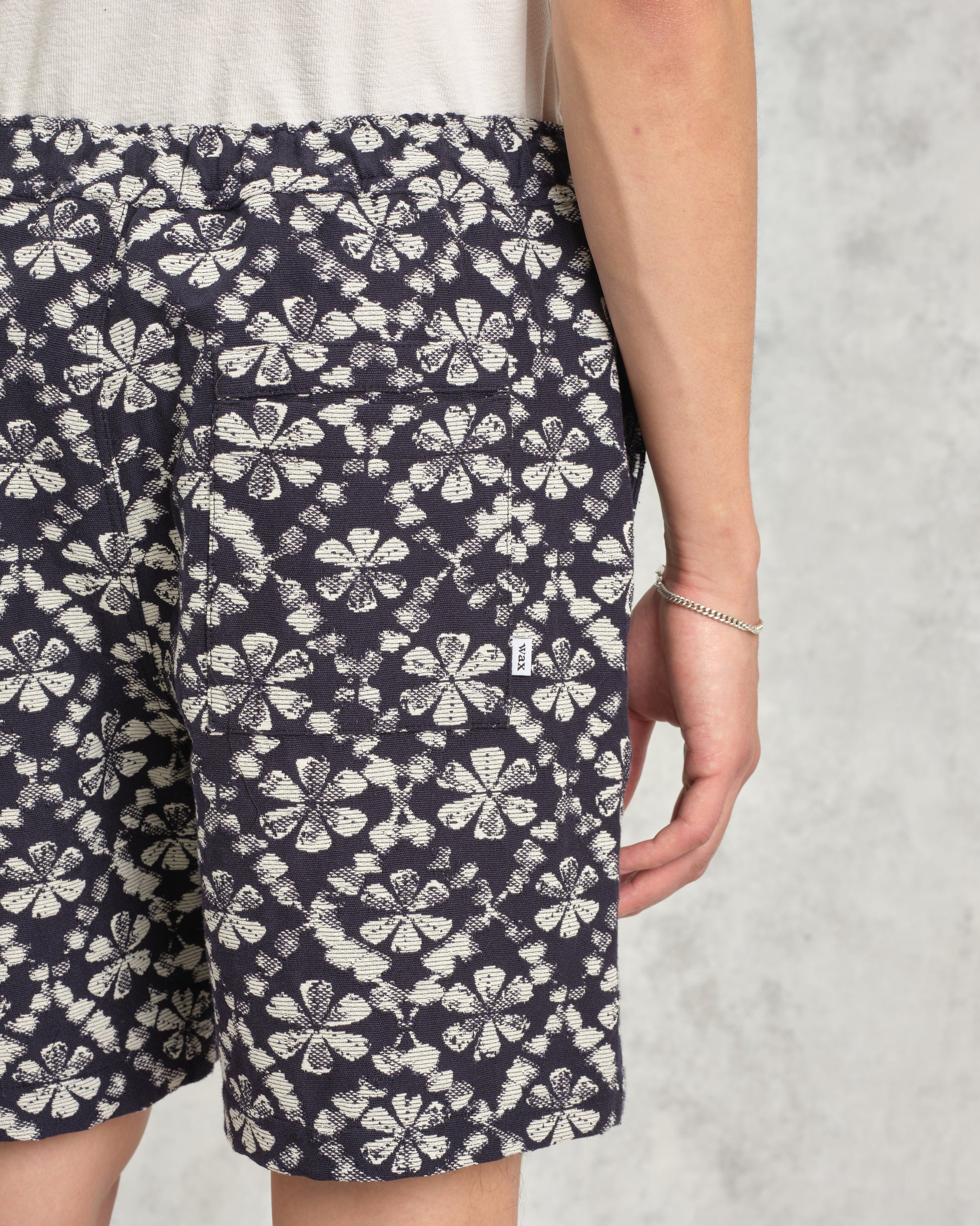 wax london men's Kurt - Navy Flower Stamp Jacquard Shorts