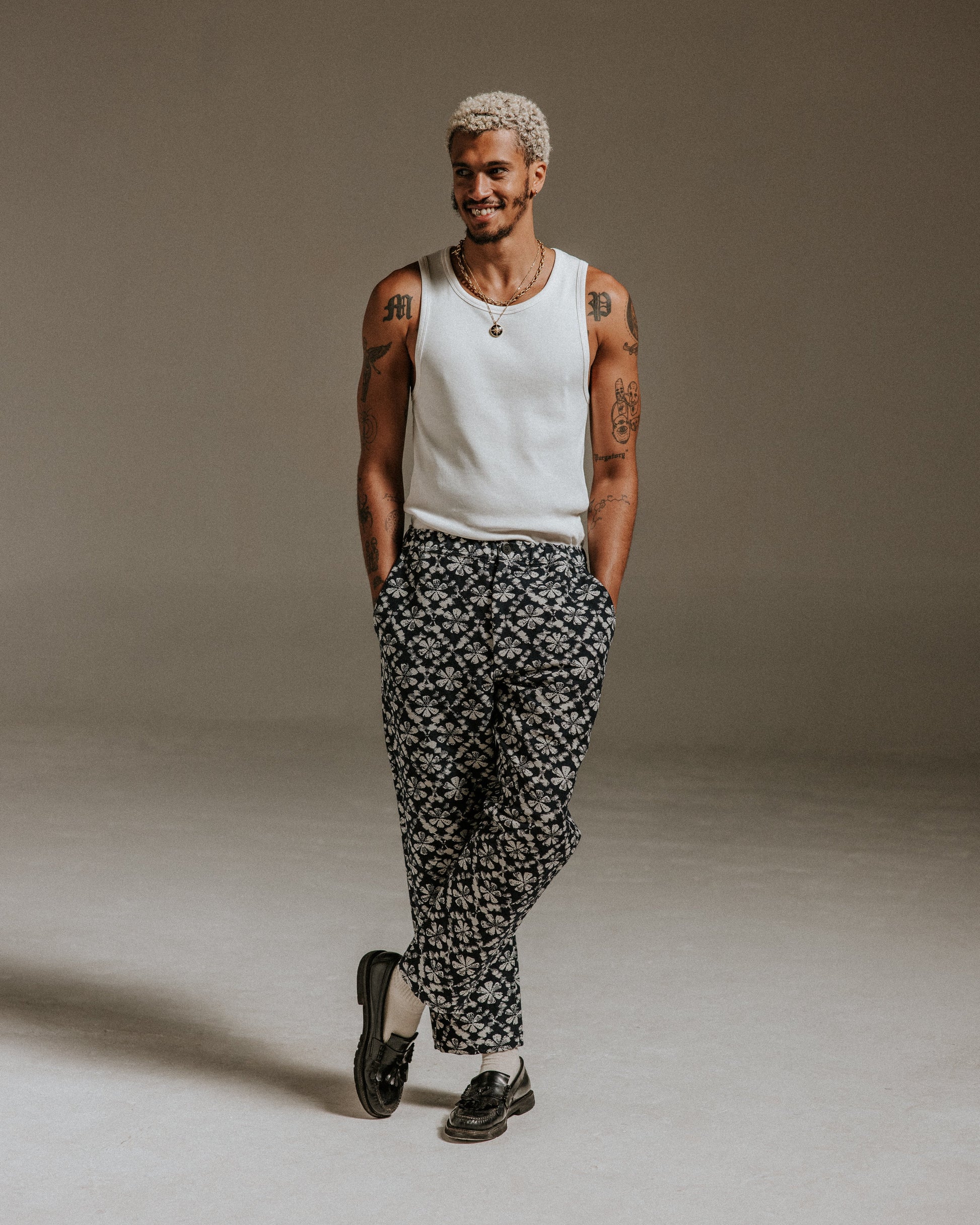 wax london men's Kurt - Navy Flower Stamp Jacquard Trousers