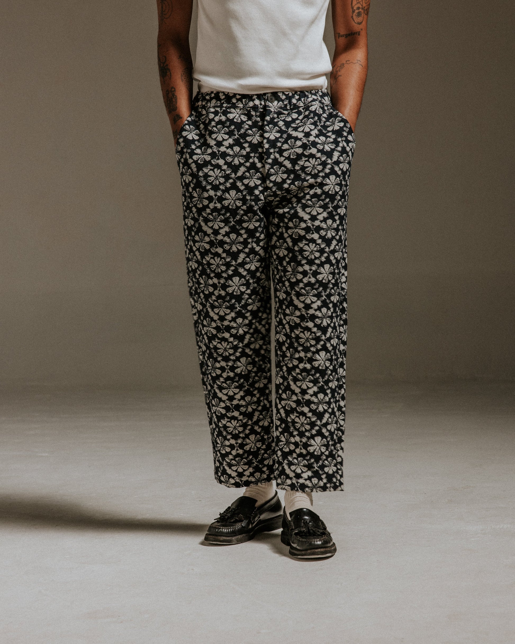 wax london men's Kurt - Navy Flower Stamp Jacquard Trousers