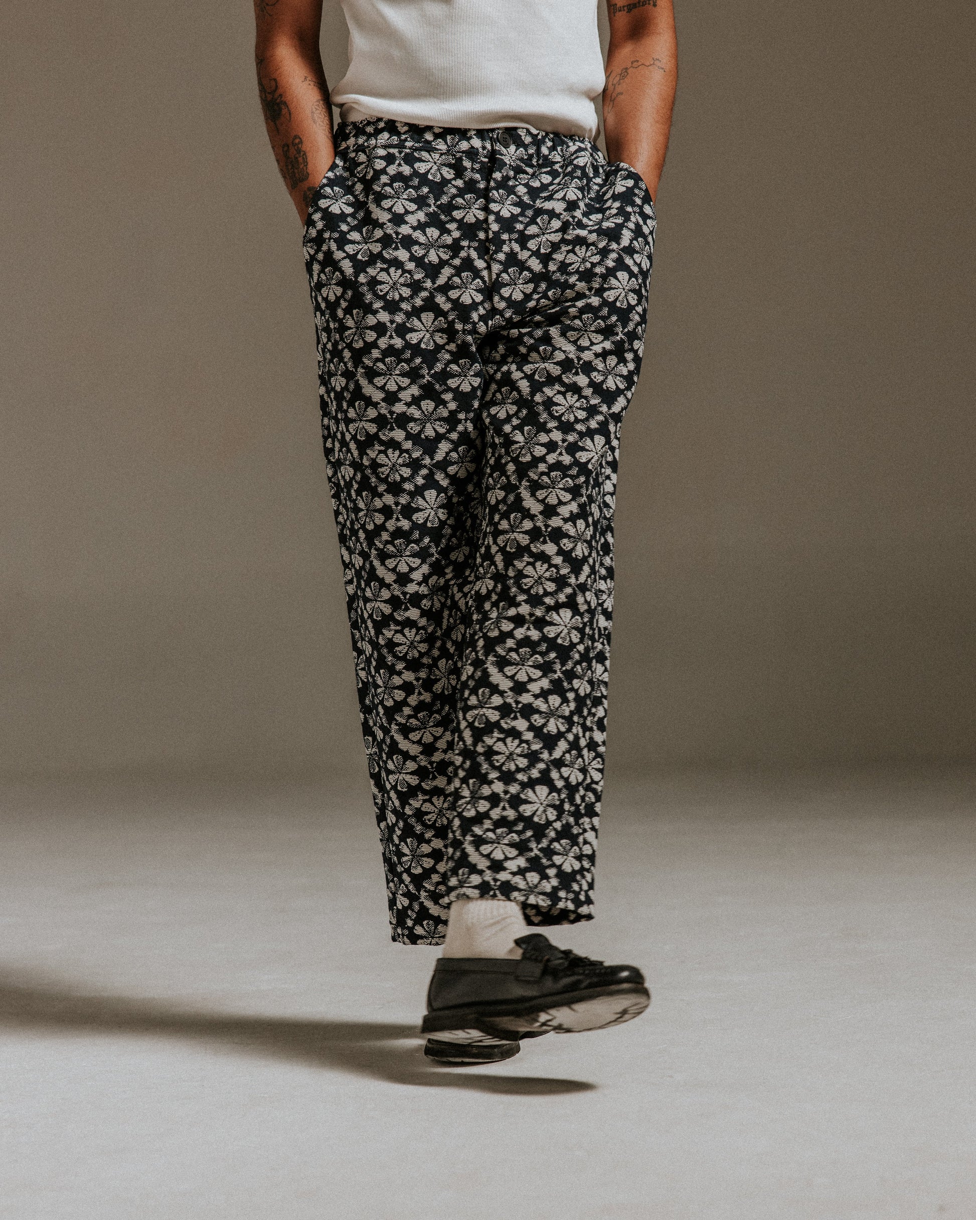 wax london men's Kurt - Navy Flower Stamp Jacquard Trousers