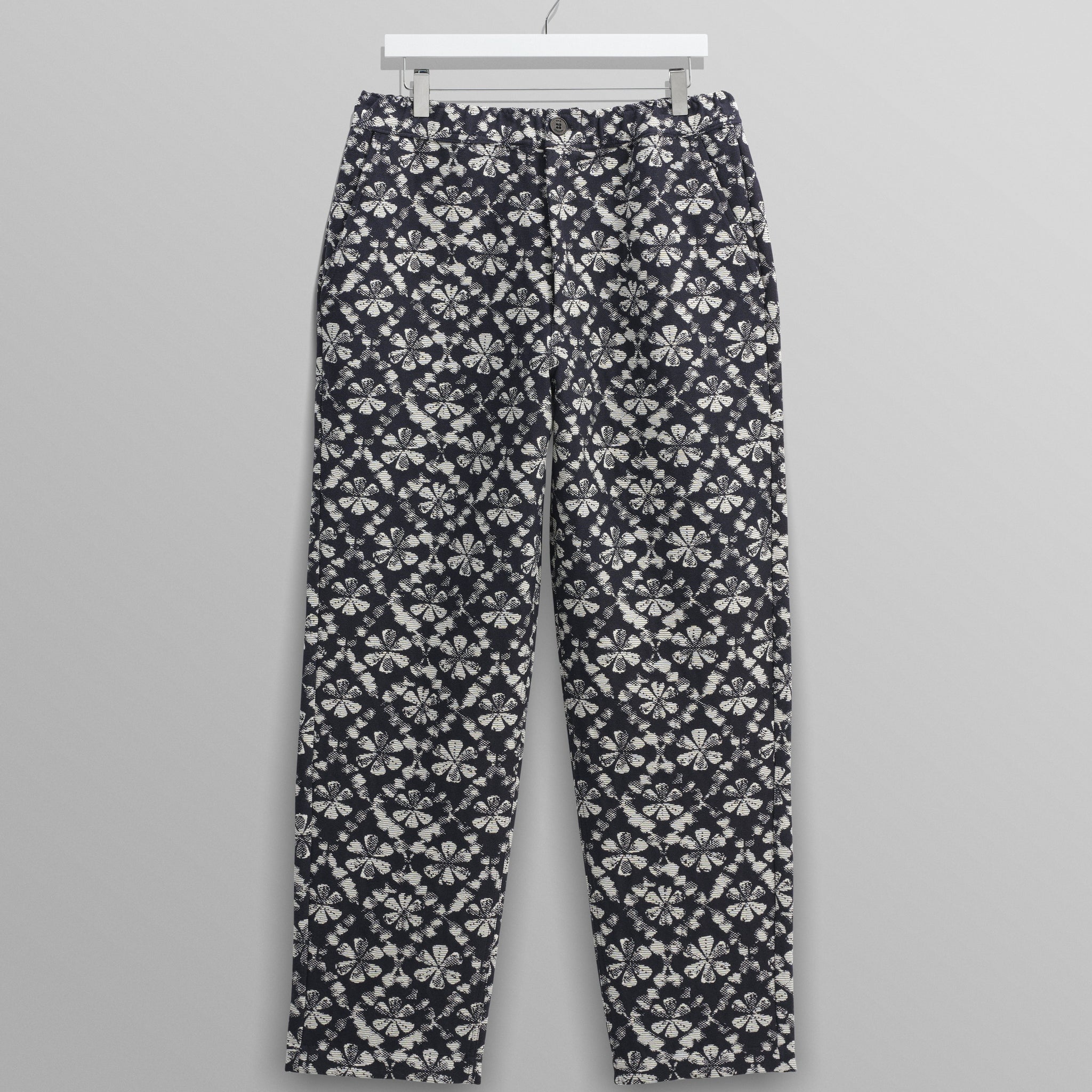 wax london men's Kurt - Navy Flower Stamp Jacquard Trousers