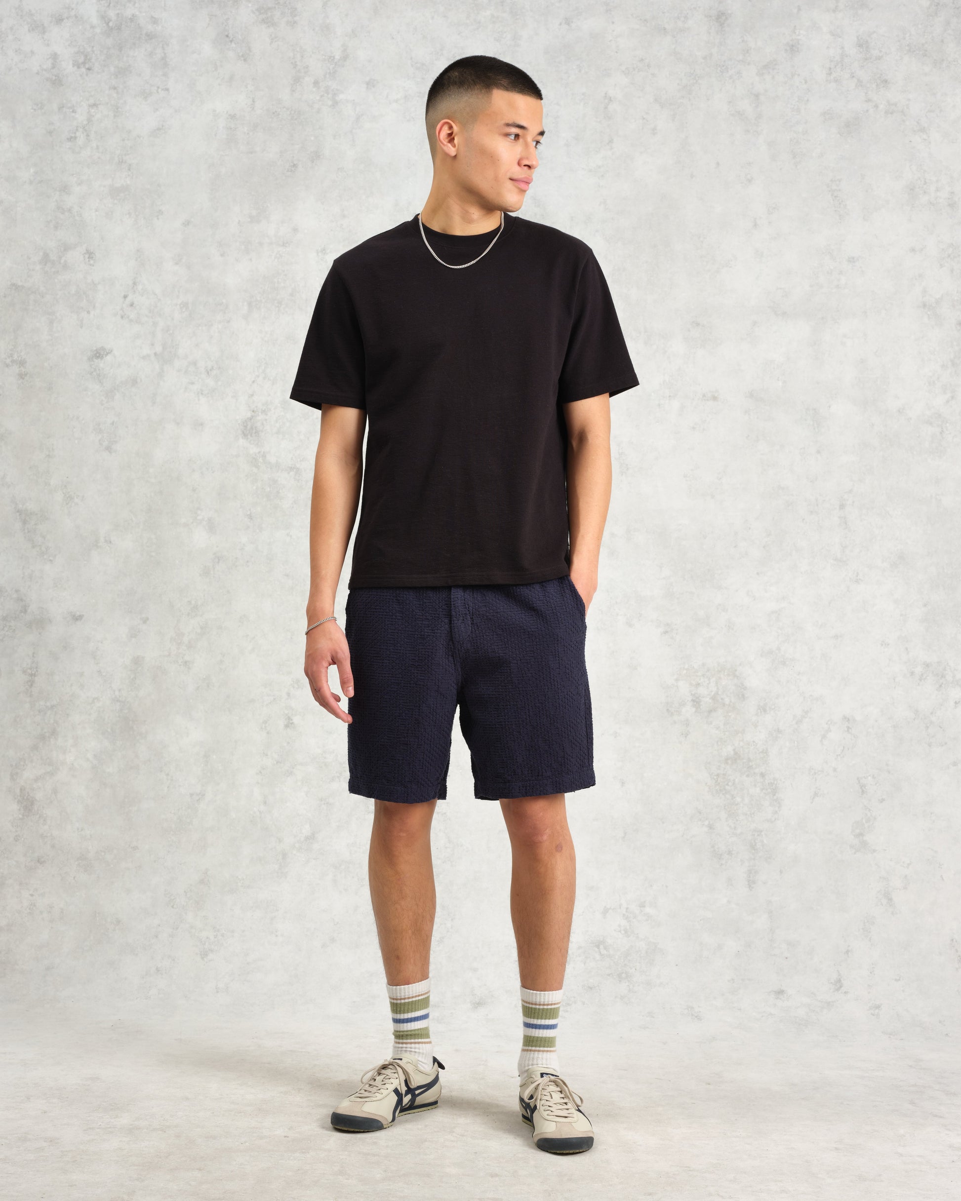 wax london men's Kurt - Navy Honeycomb Cotton Shorts