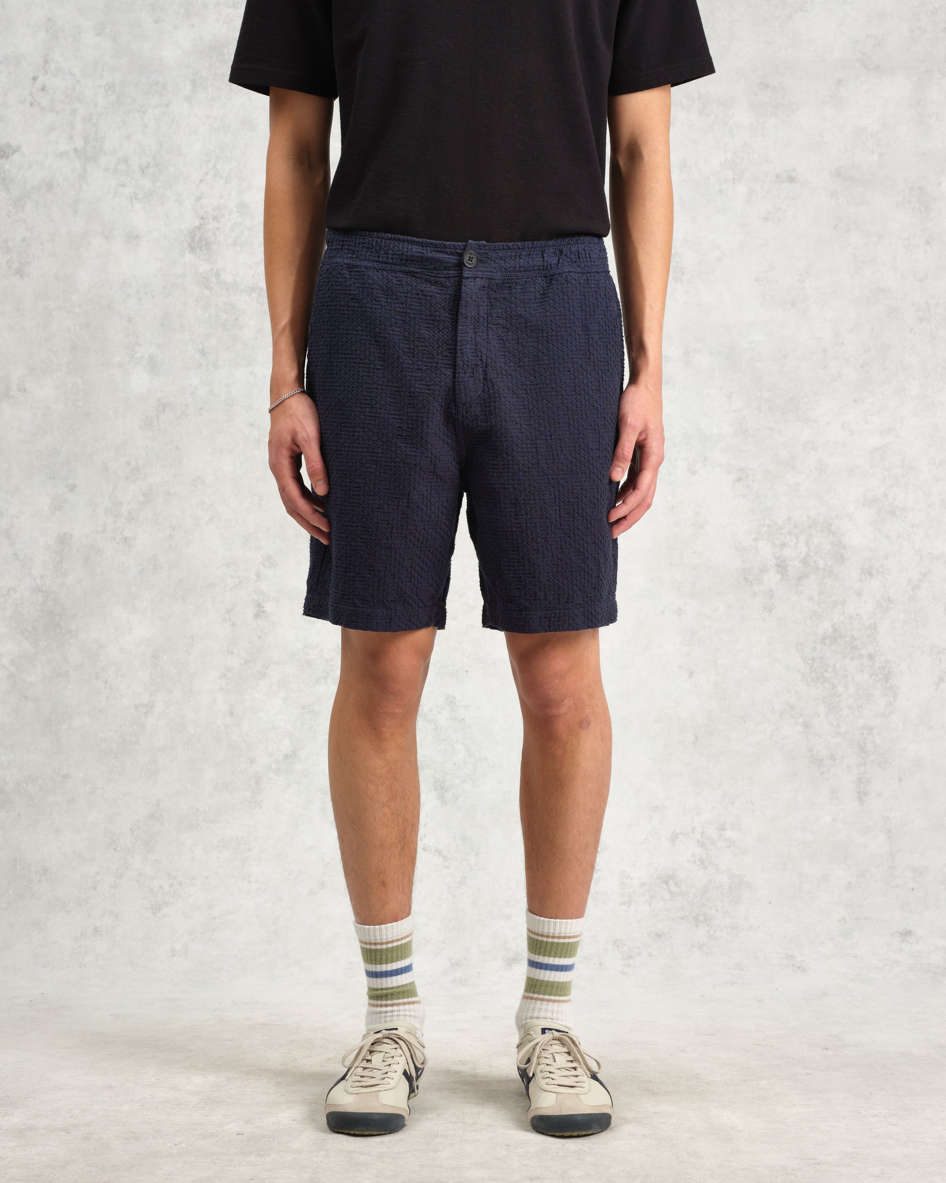 wax london men's Kurt - Navy Honeycomb Cotton Shorts