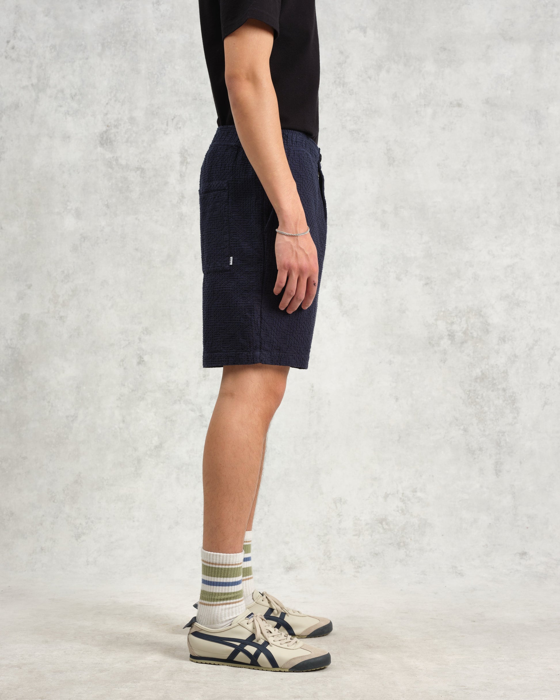 wax london men's Kurt - Navy Honeycomb Cotton Shorts