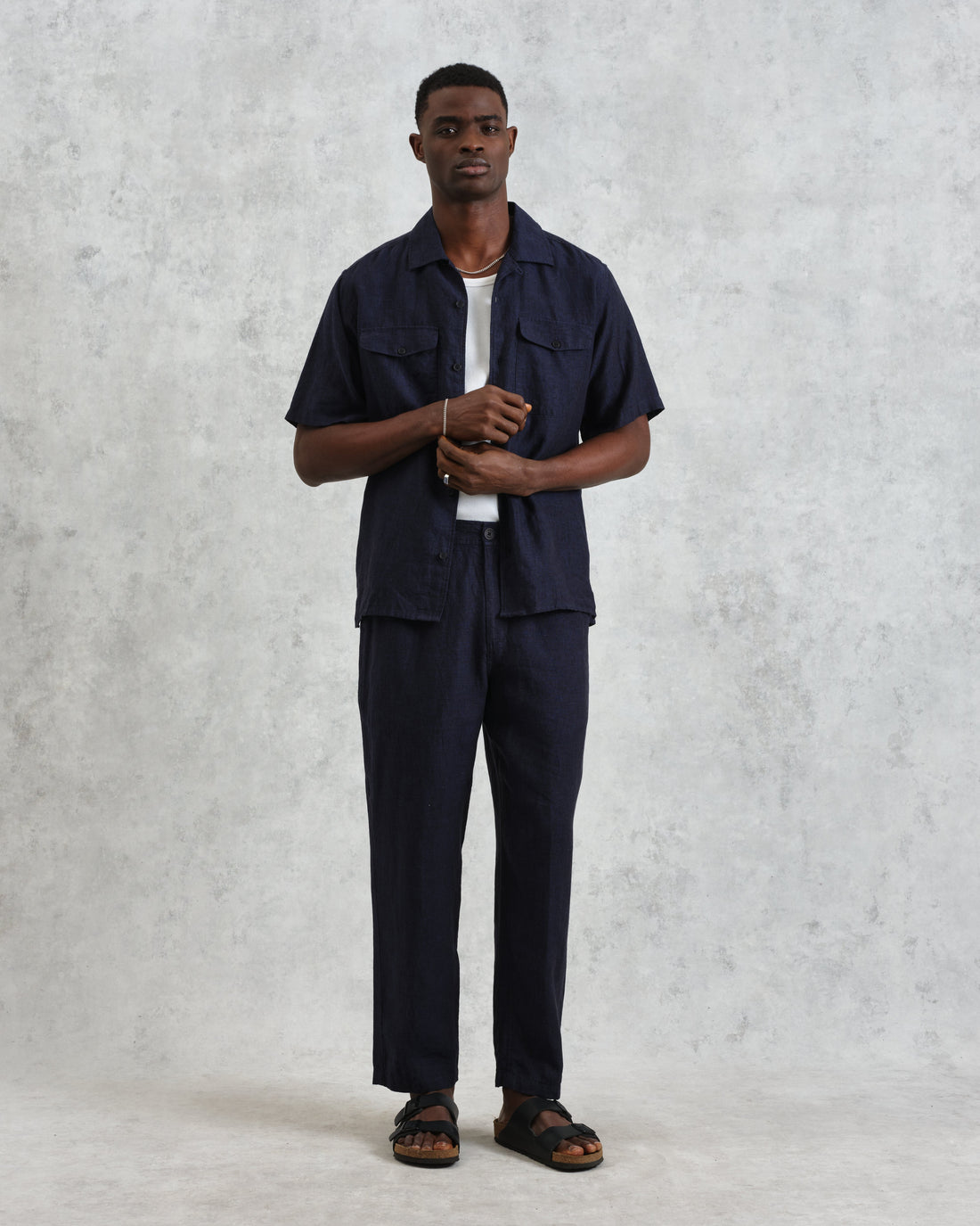 wax london men's Kurt - Navy Two-Tone Linen Trousers