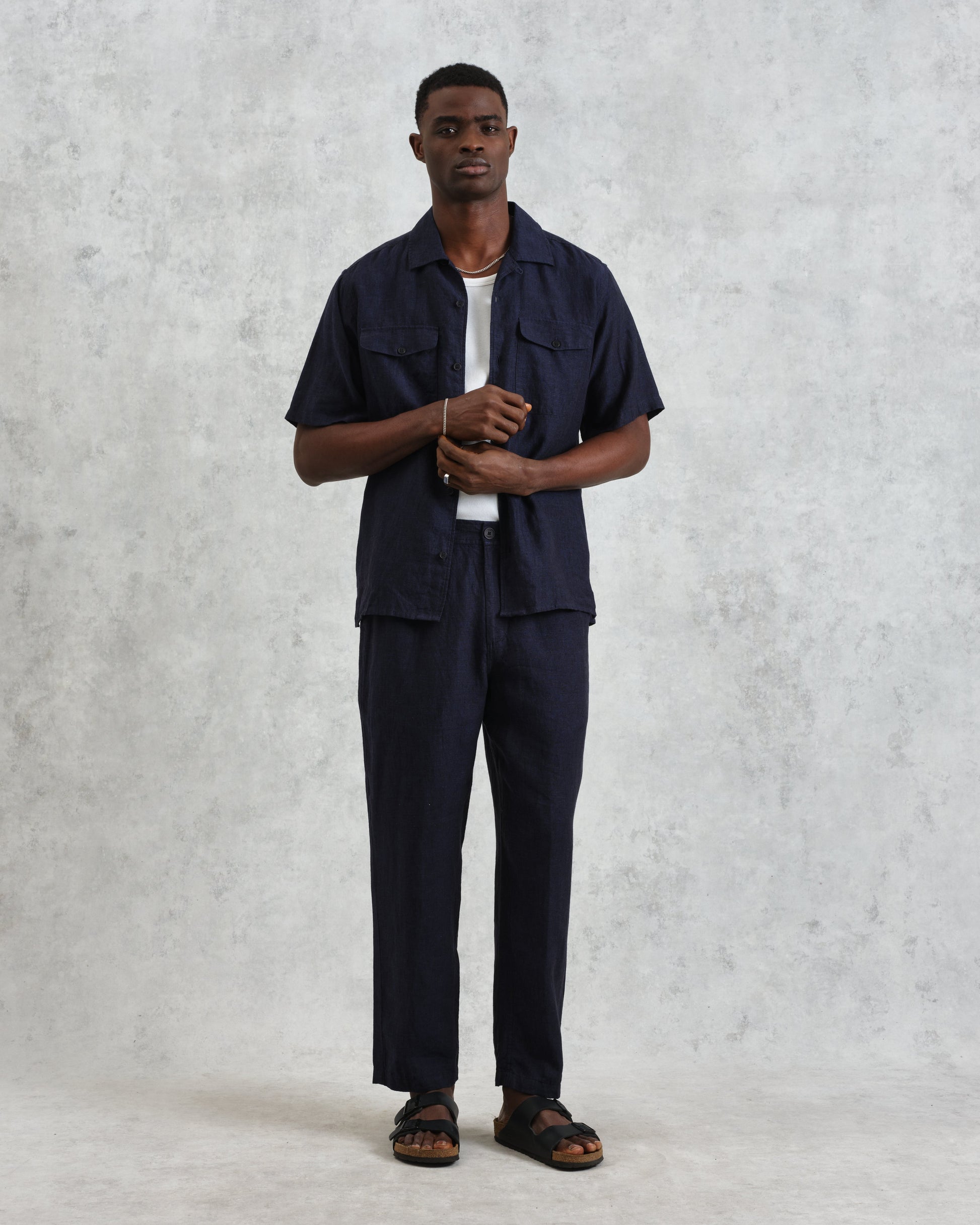 wax london men's Kurt - Navy Two-Tone Linen Trousers