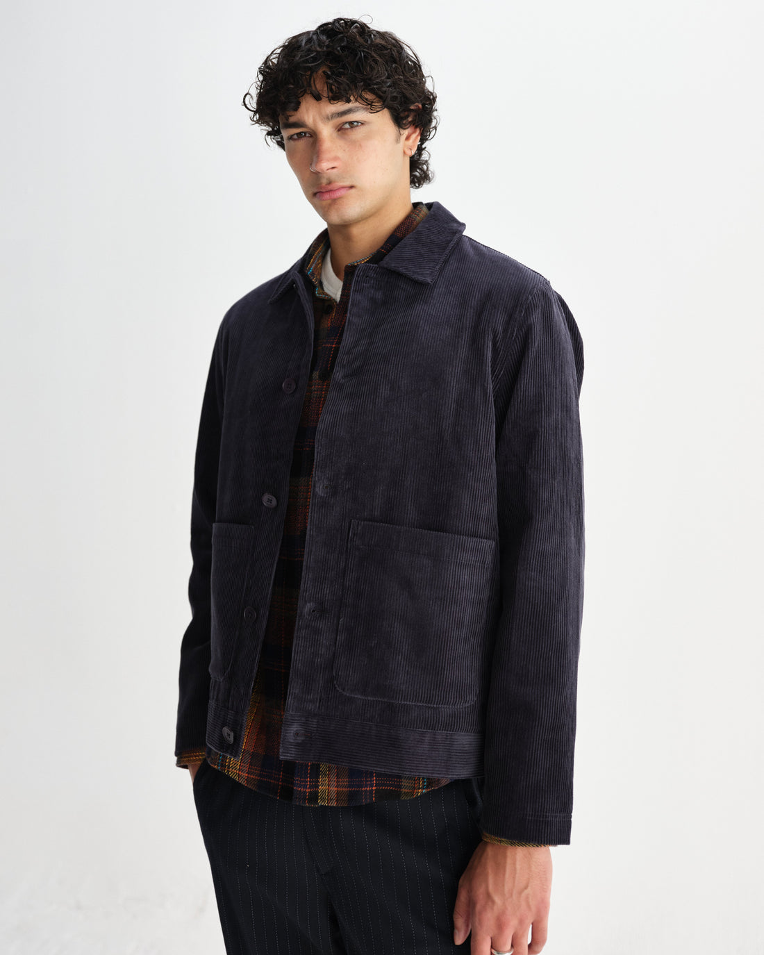 wax london men's Landmark - Navy Corduroy Chore Jacket