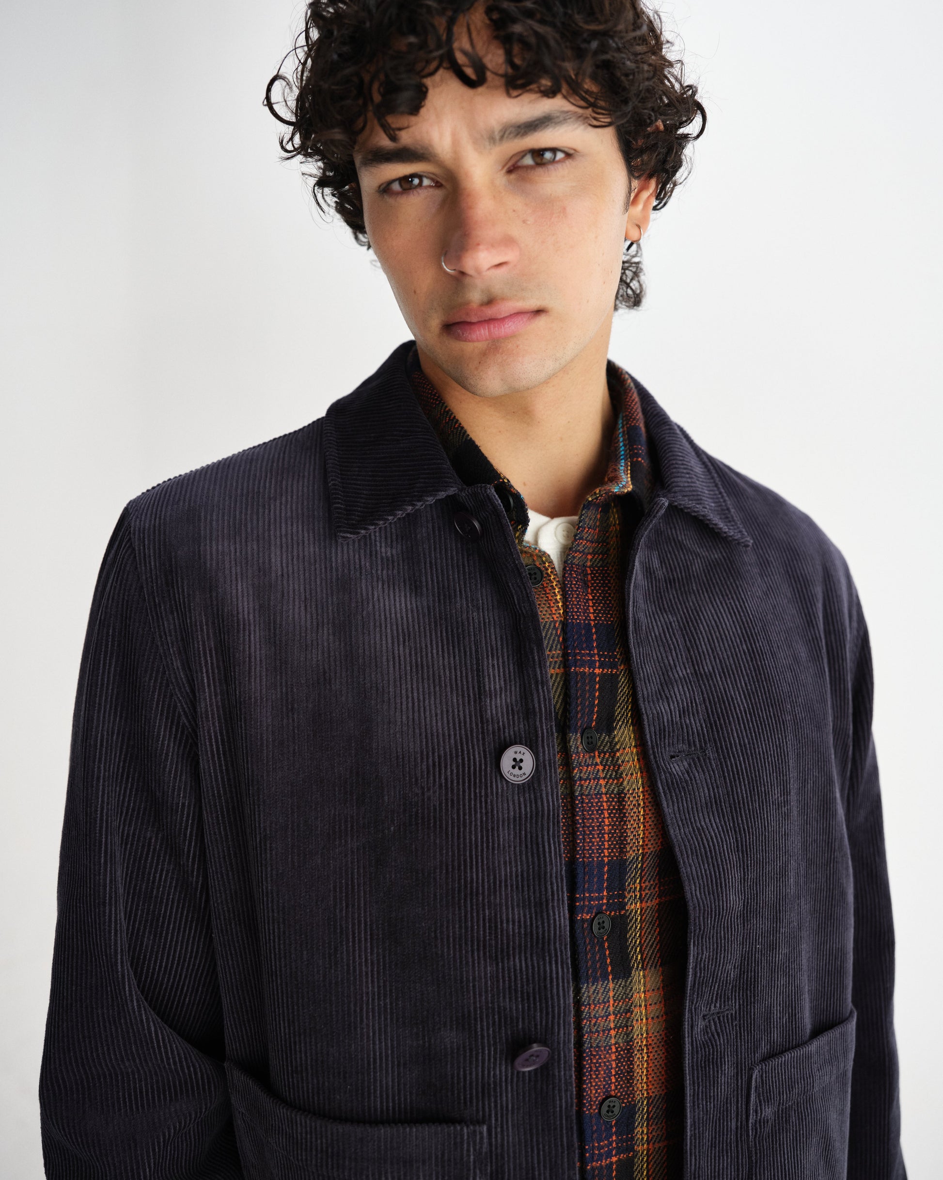wax london men's Landmark - Navy Corduroy Chore Jacket