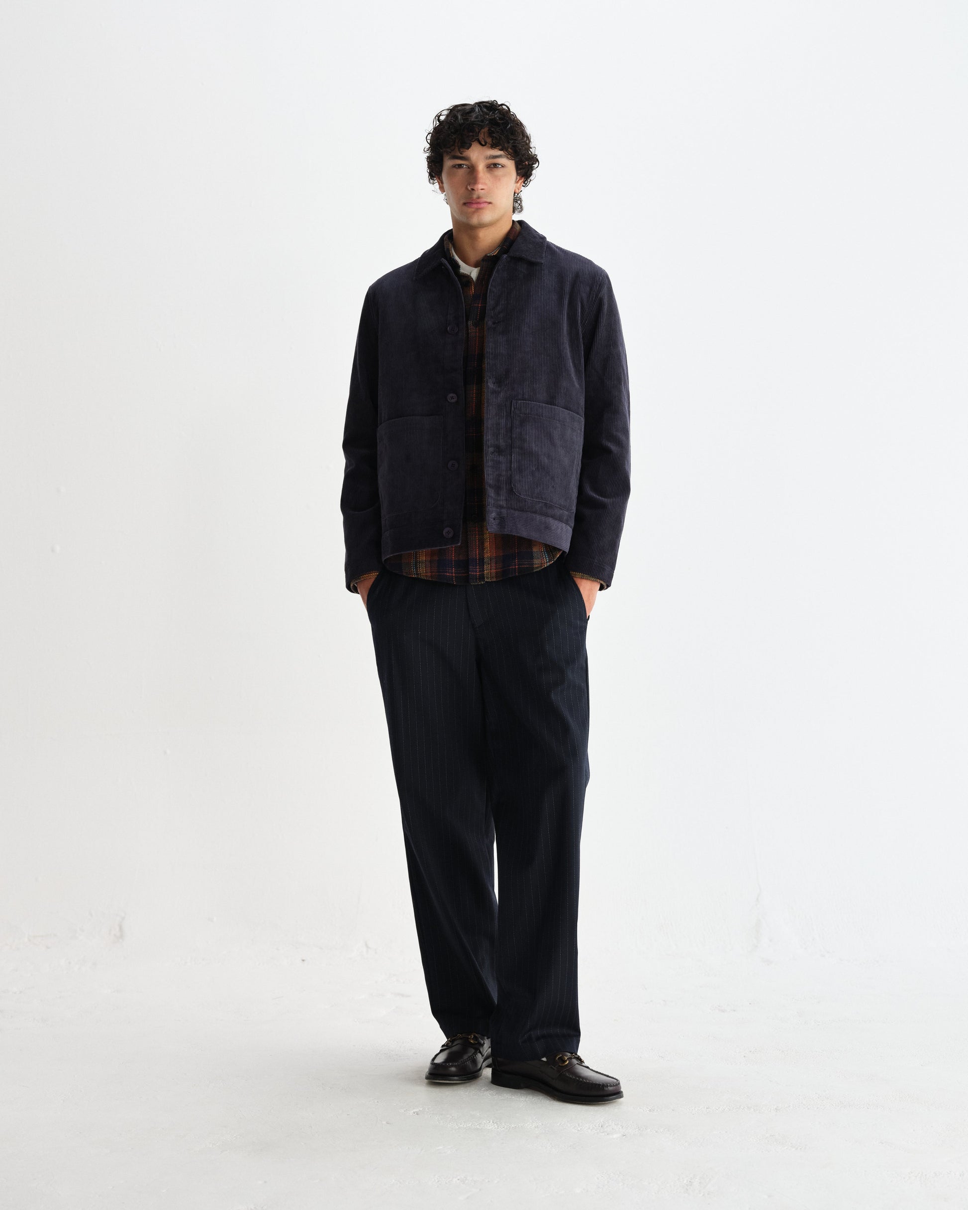 wax london men's Landmark - Navy Corduroy Chore Jacket