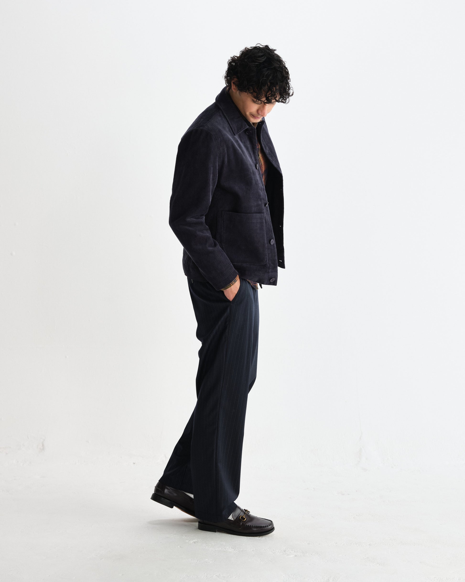 wax london men's Landmark - Navy Corduroy Chore Jacket