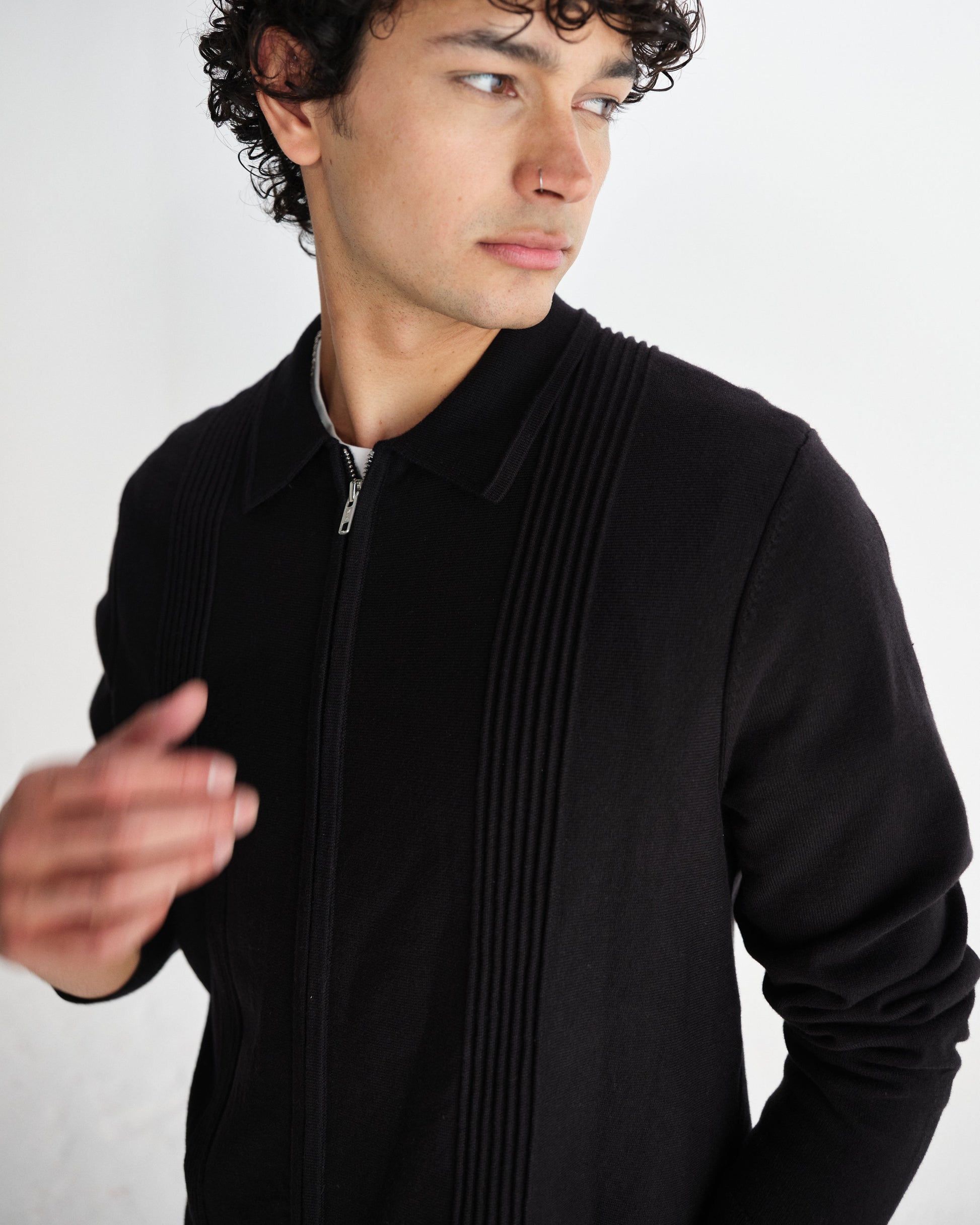wax london men's Lennox - Black Milano Stripe Knitted Polo