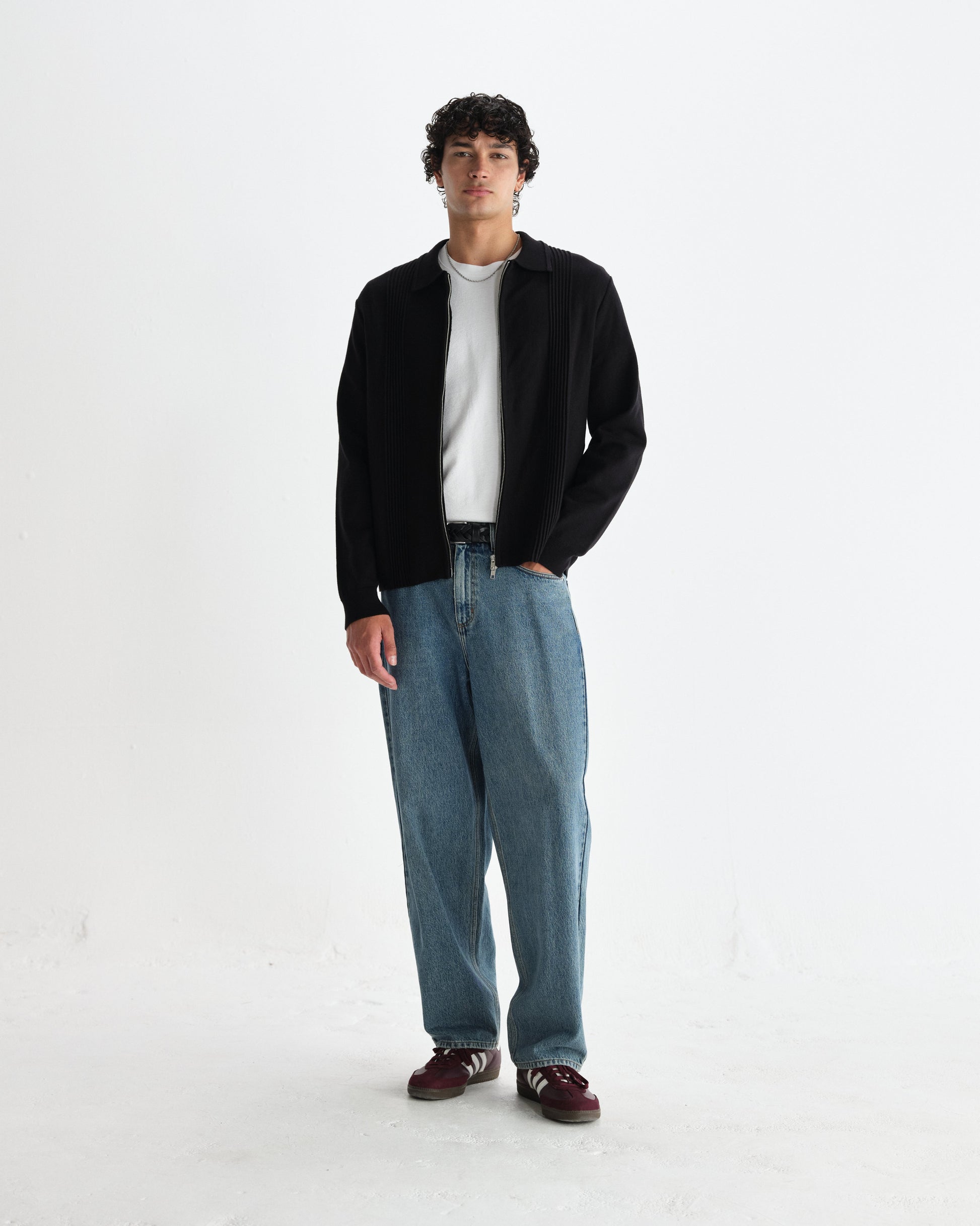 wax london men's Lennox - Black Milano Stripe Knitted Polo