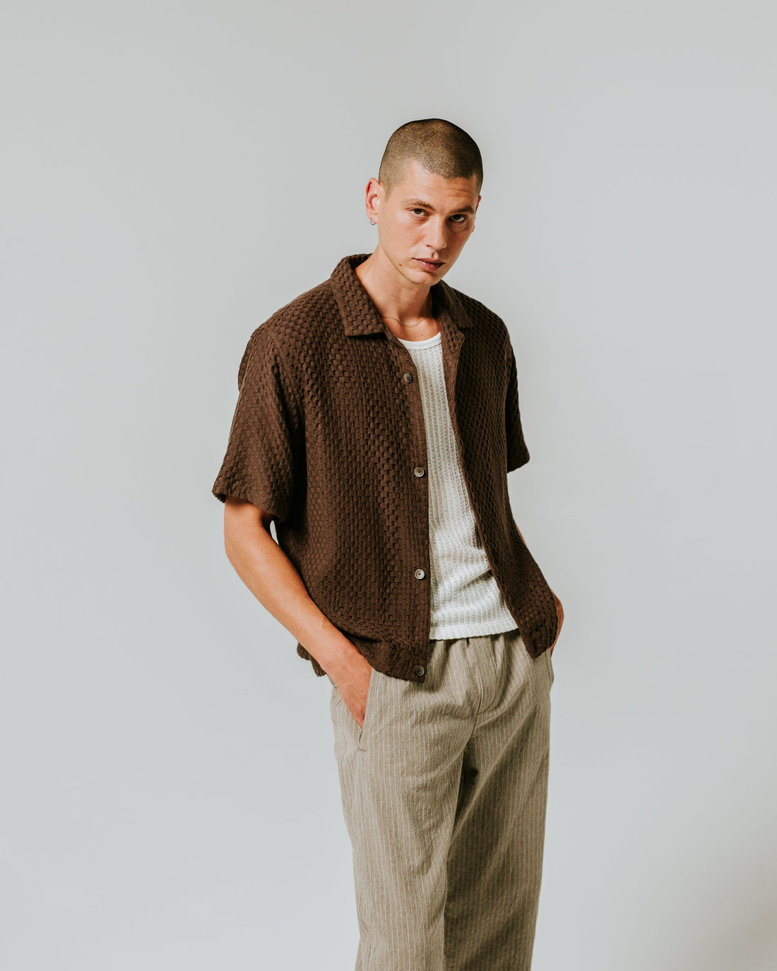 wax london men's Lido - Brown Dobby Cotton Weave Short-Sleeve Shirt