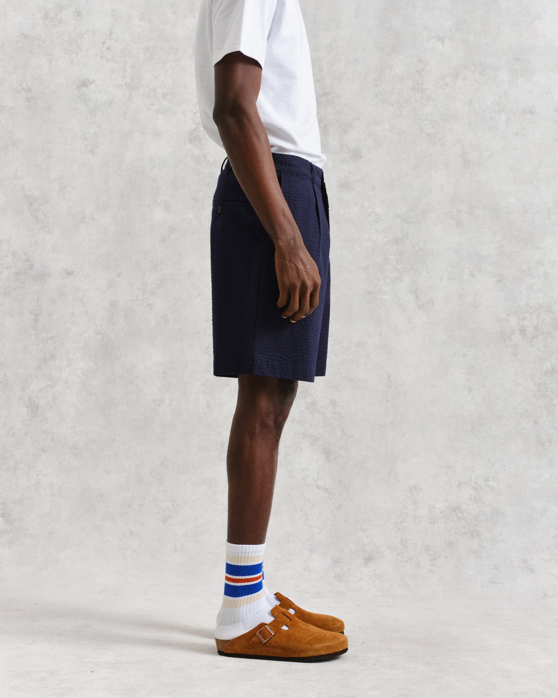 wax london men's Linton - Navy Cotton Seersucker Pleated Shorts