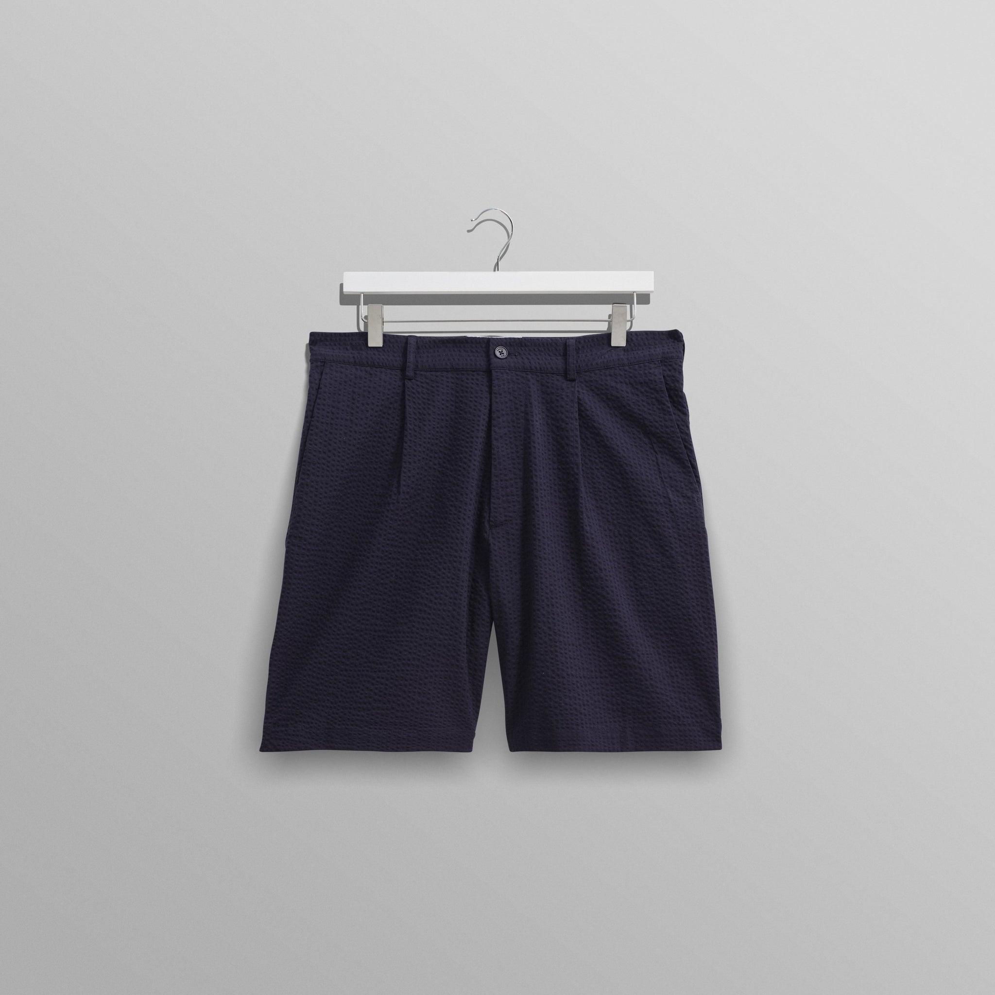 wax london men's Linton - Navy Cotton Seersucker Pleated Shorts