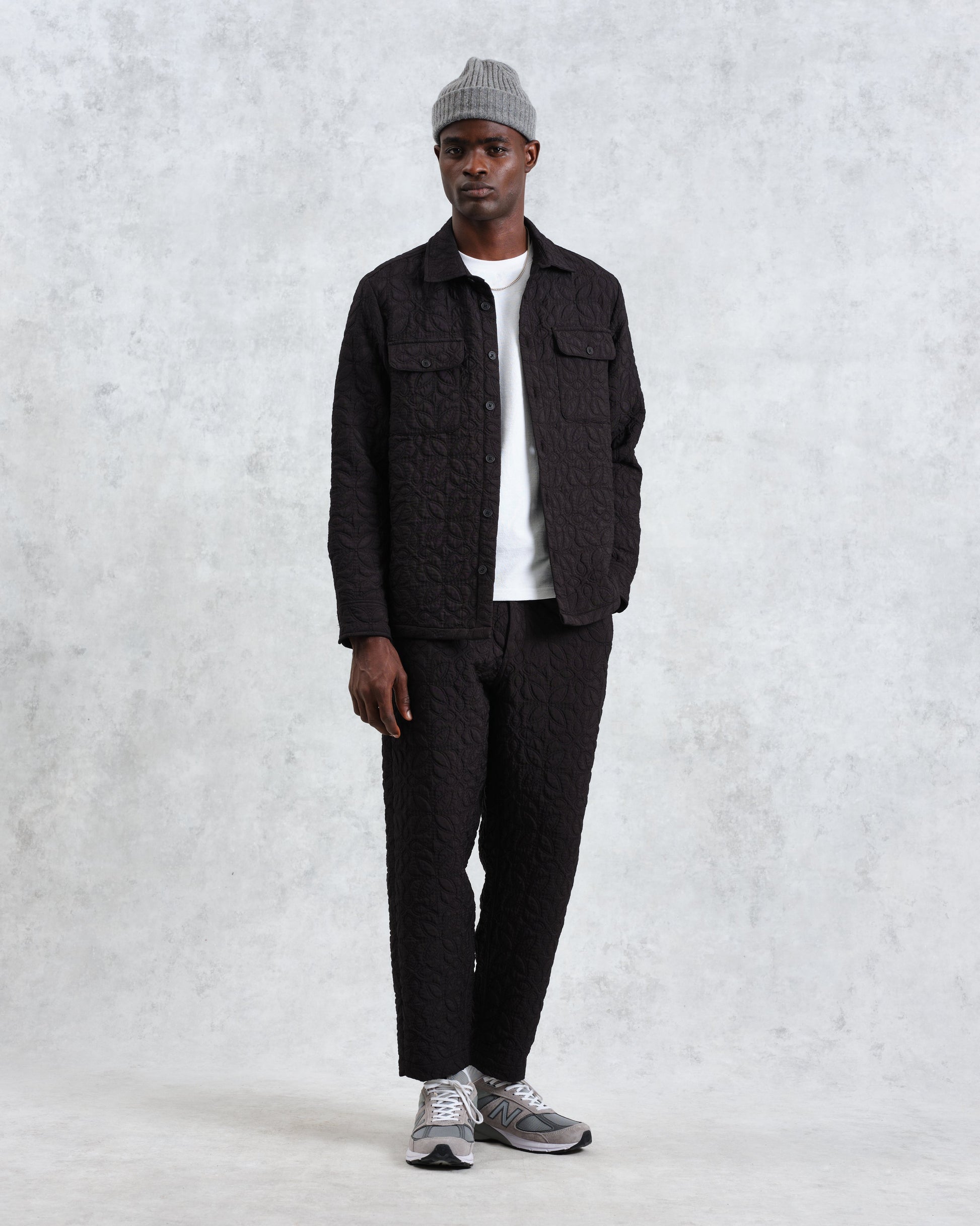 wax london men's Lomond - Black Petal Jacquard Quilted Overshirt
