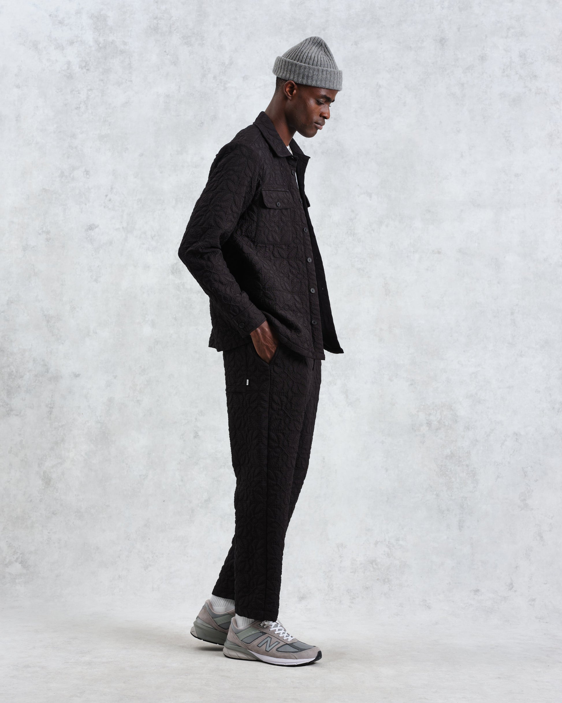 wax london men's Lomond - Black Petal Jacquard Quilted Overshirt