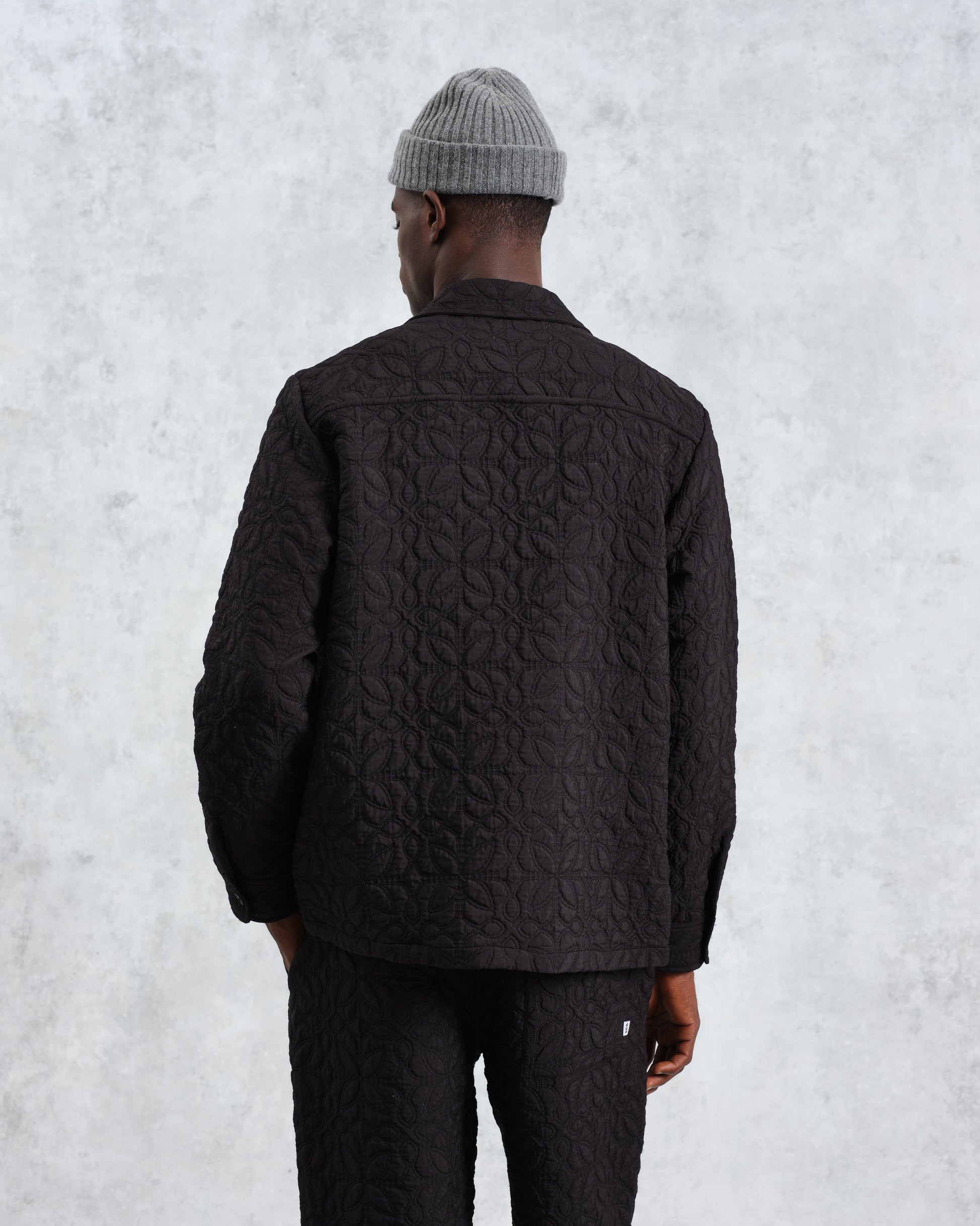 wax london men's Lomond - Black Petal Jacquard Quilted Overshirt
