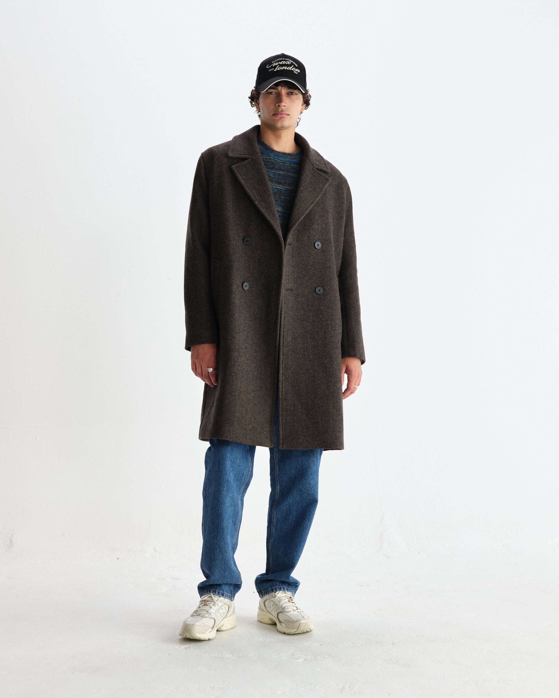 wax london men's Magnus - Brown Herringbone Double-Breasted Wool Overcoat