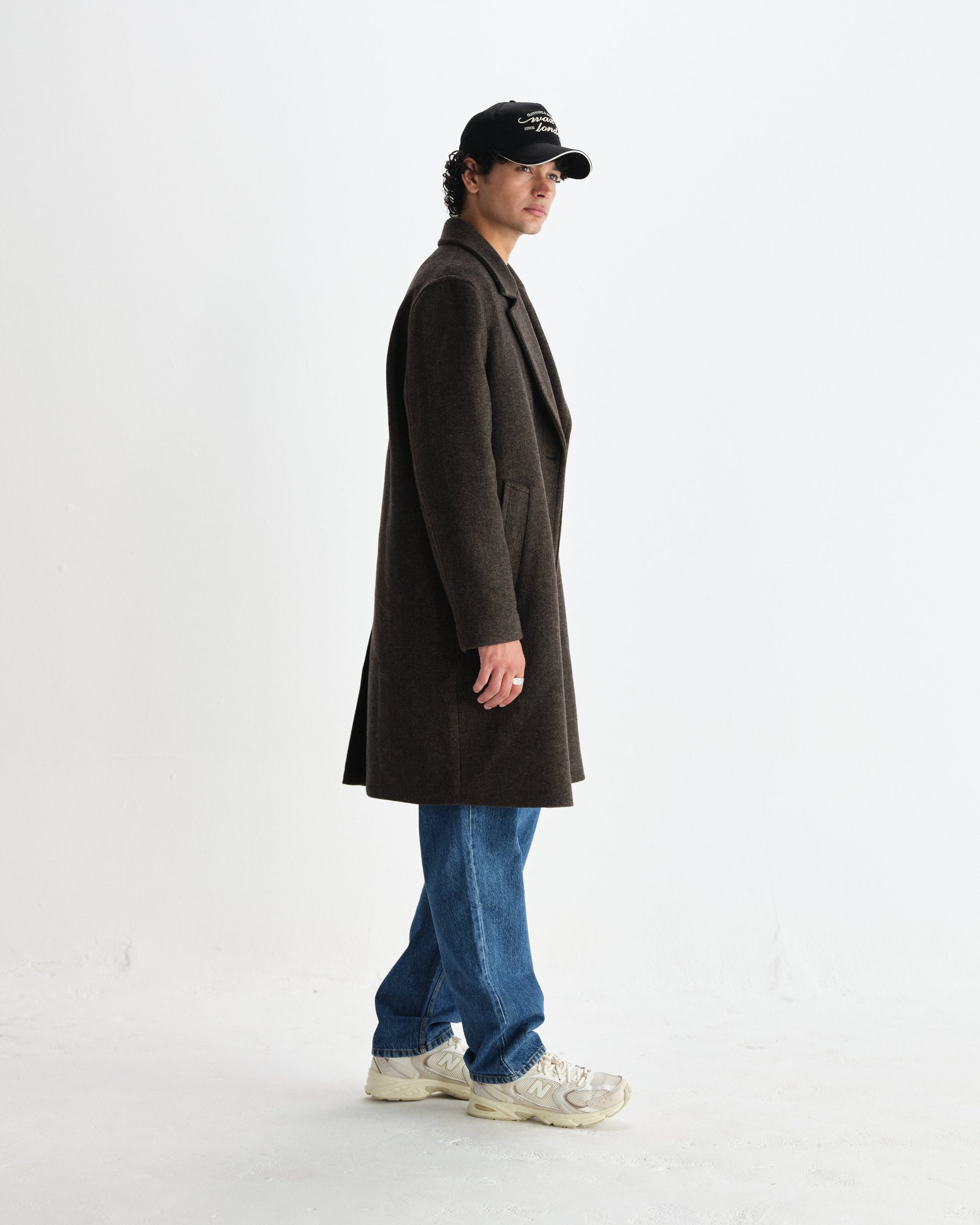 wax london men's Magnus - Brown Herringbone Double-Breasted Wool Overcoat
