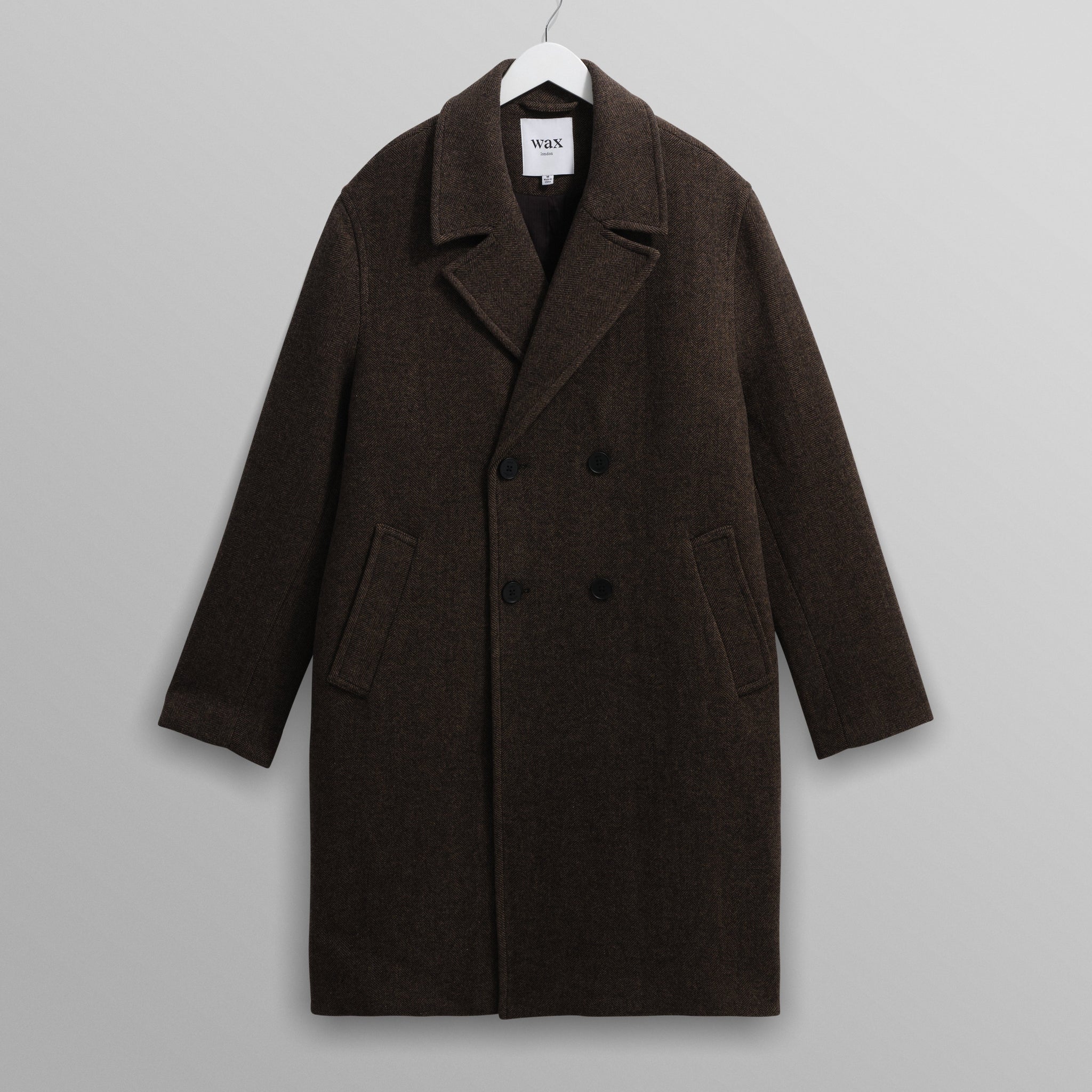 wax london men's Magnus - Brown Herringbone Double-Breasted Wool Overcoat