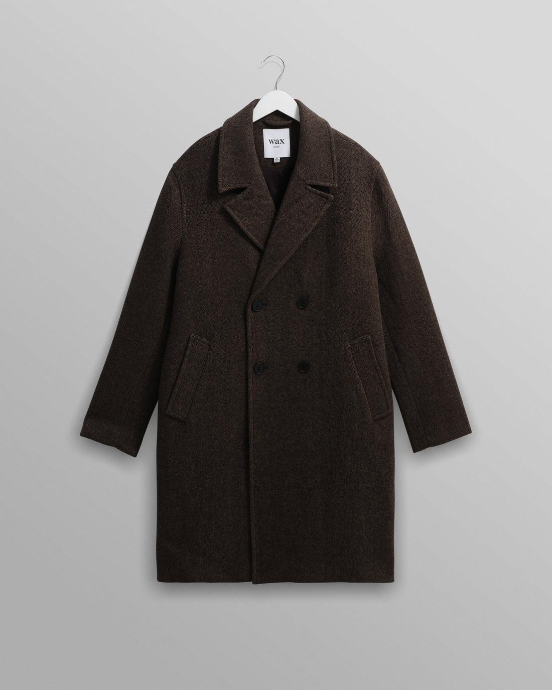 wax london men's Magnus - Brown Herringbone Double-Breasted Wool Overcoat