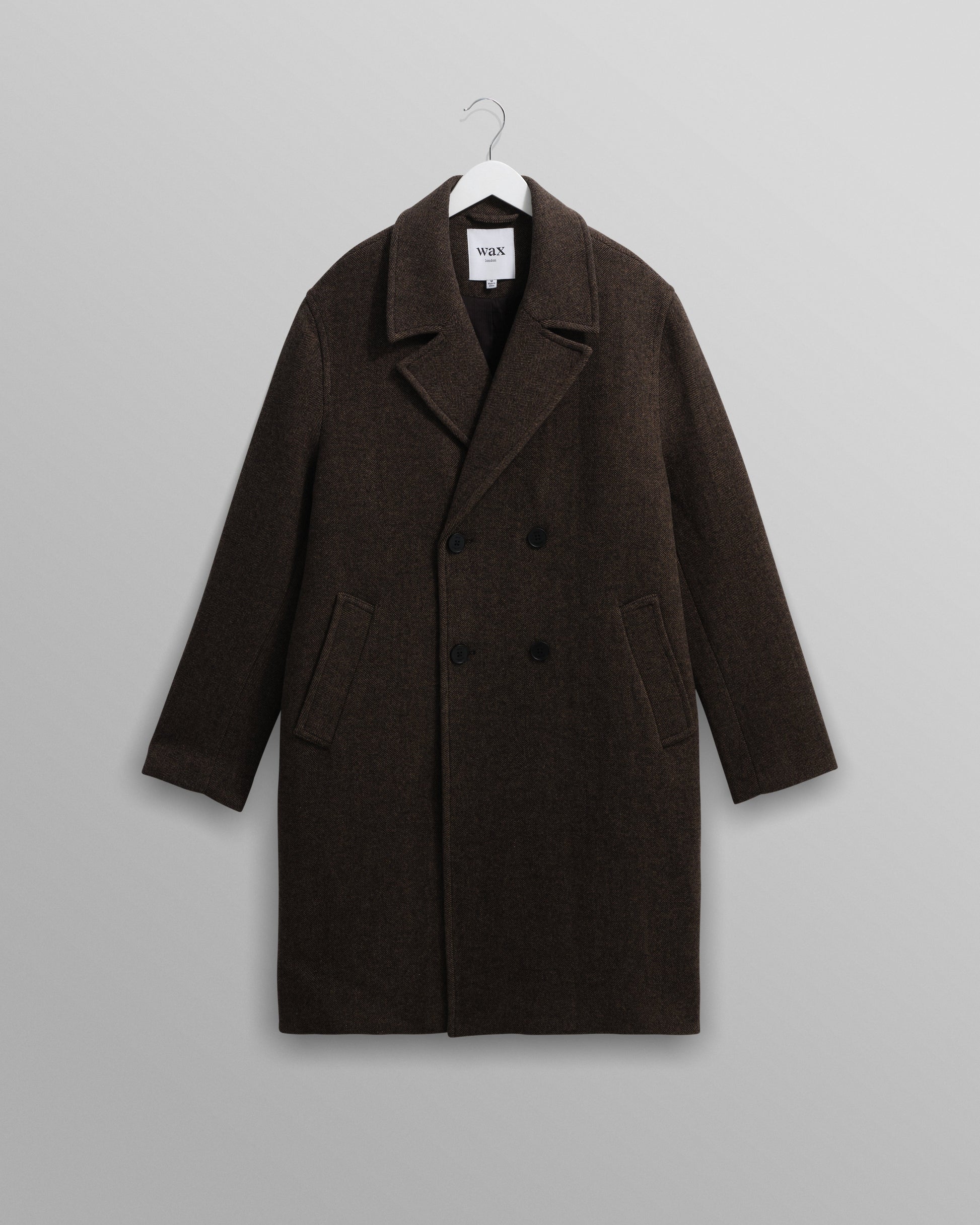 wax london men's Magnus - Brown Herringbone Double-Breasted Wool Overcoat