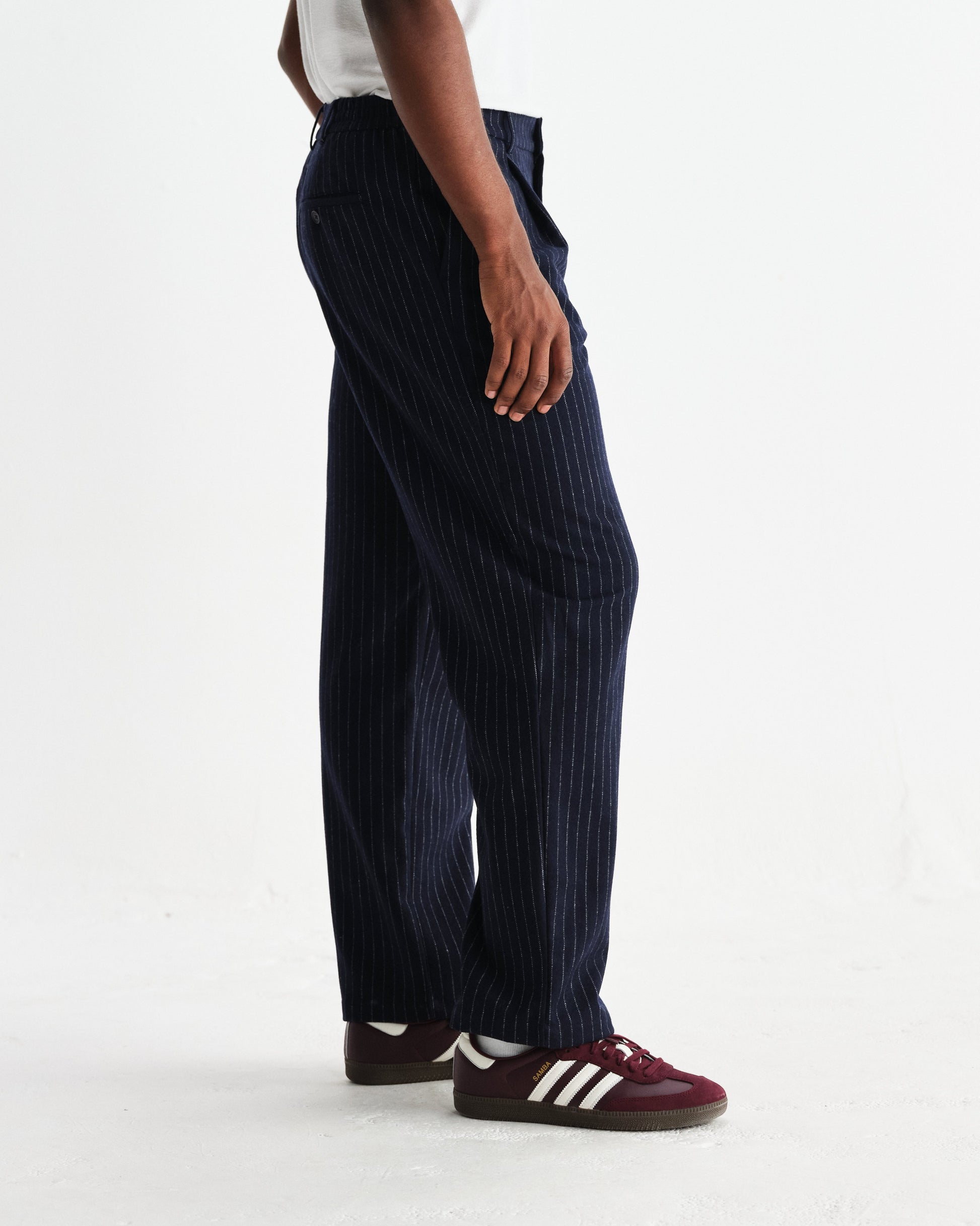 wax london men's Malham - Navy Pinstripe Wool Trousers