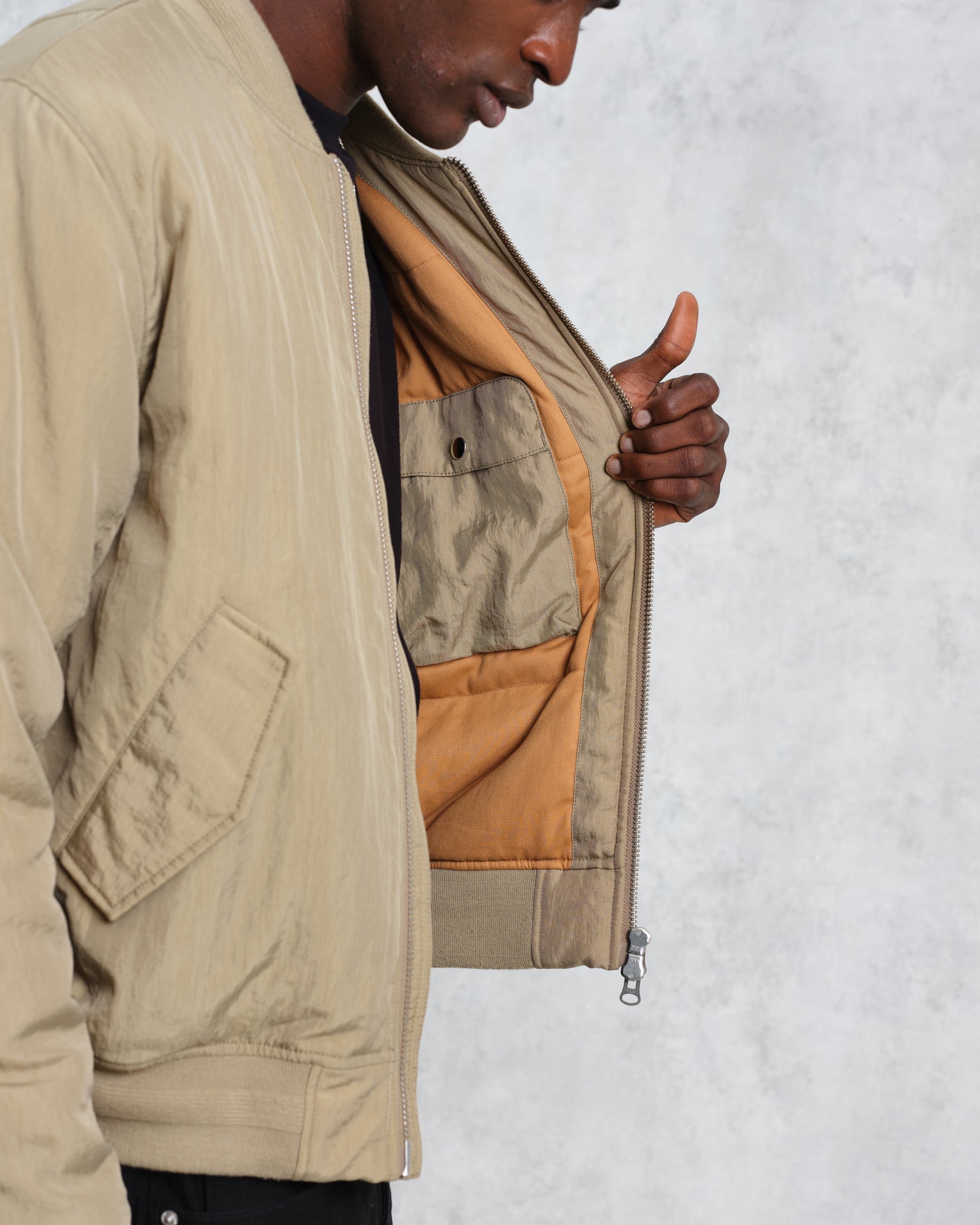 wax london men's Malvern - Washed Khaki Nylon Bomber Jacket