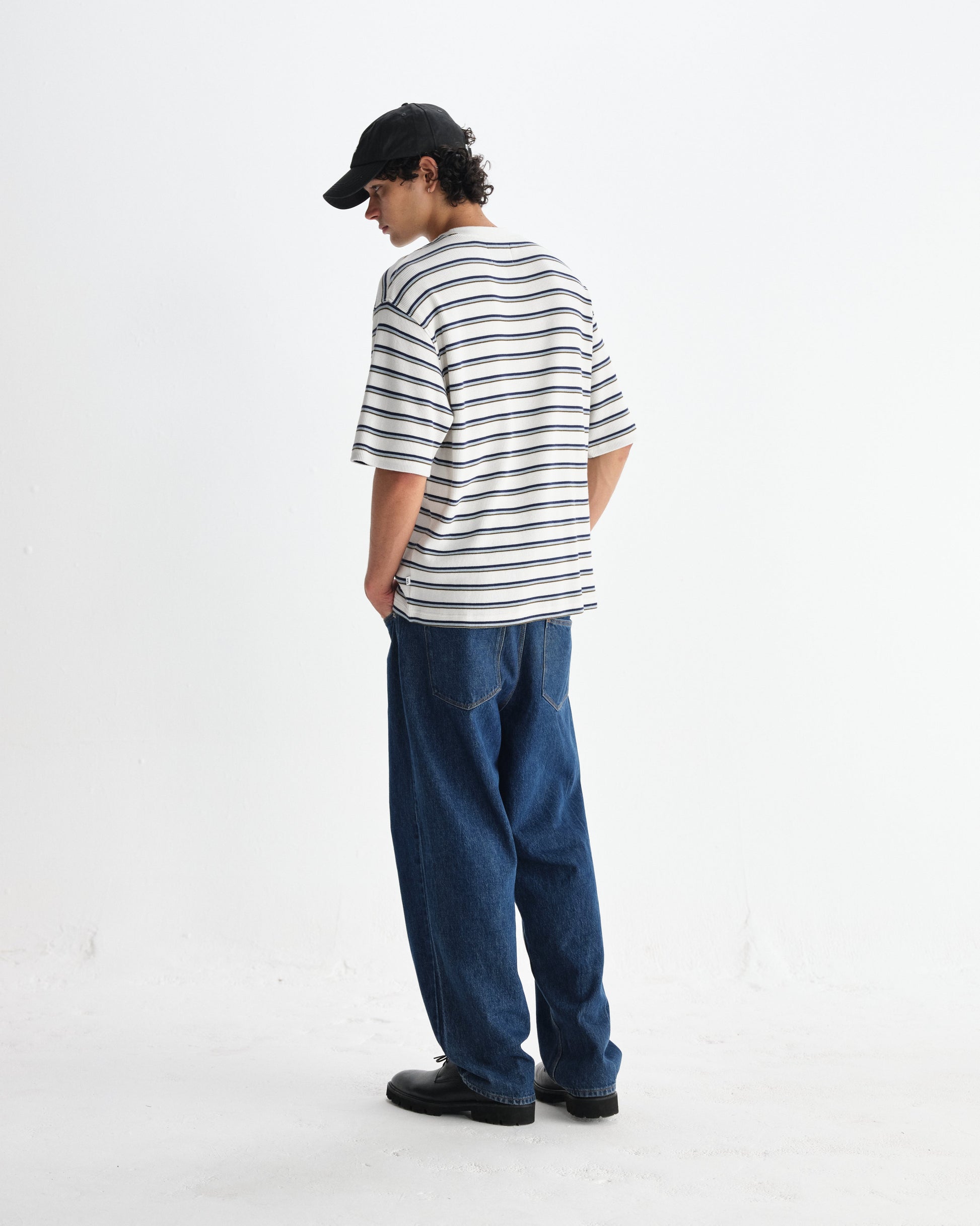 wax london men's Milton - Ecru Organic Stripe Waffle Cotton T-Shirt