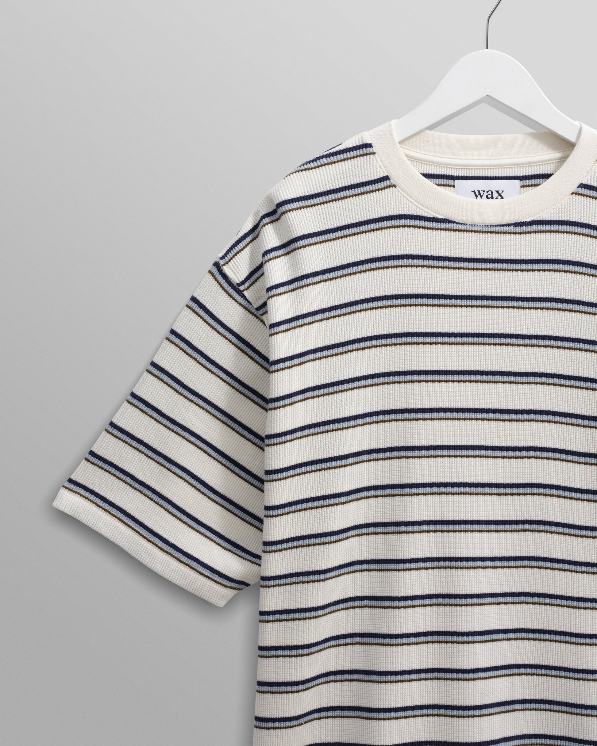 wax london men's Milton - Ecru Organic Stripe Waffle Cotton T-Shirt