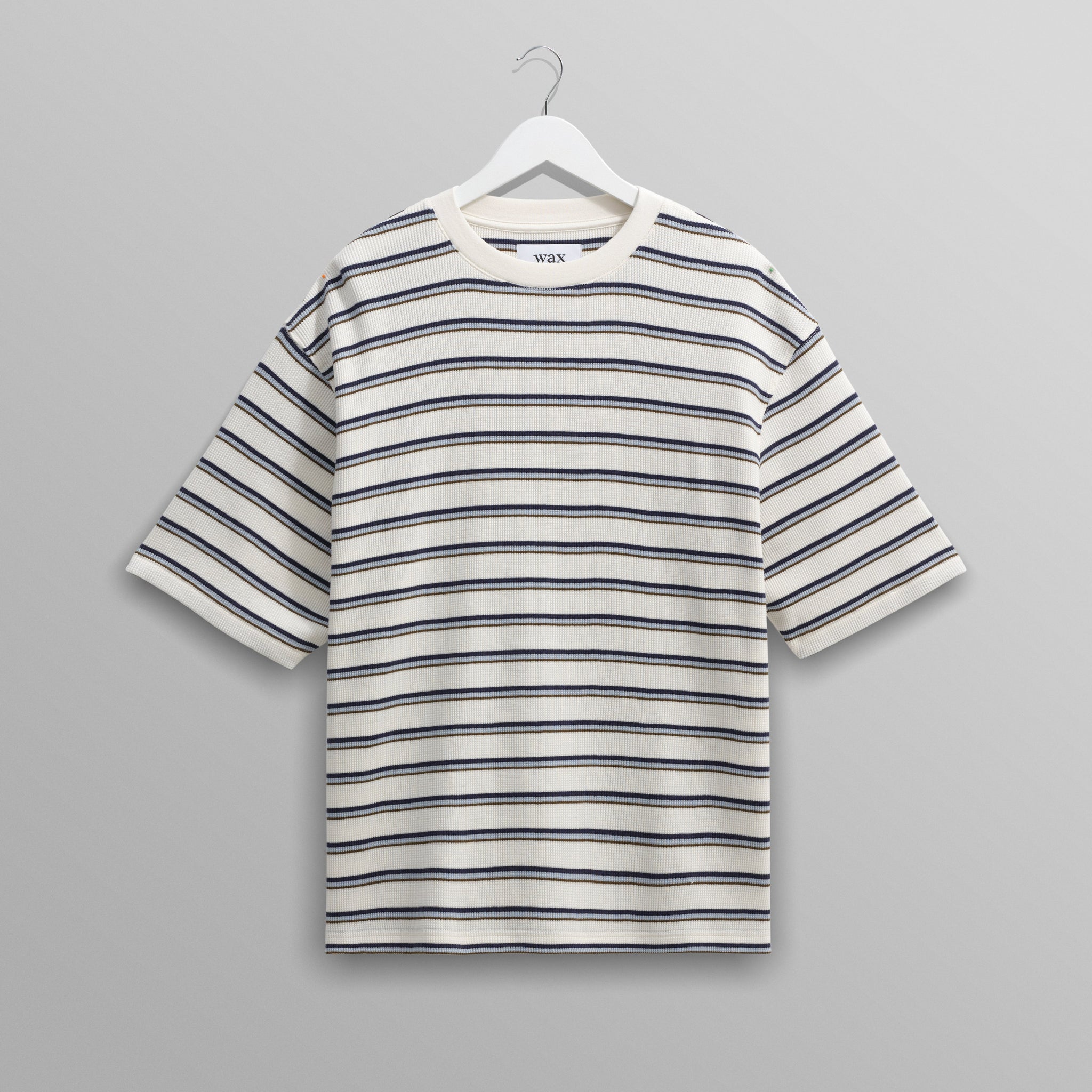 wax london men's Milton - Ecru Organic Stripe Waffle Cotton T-Shirt
