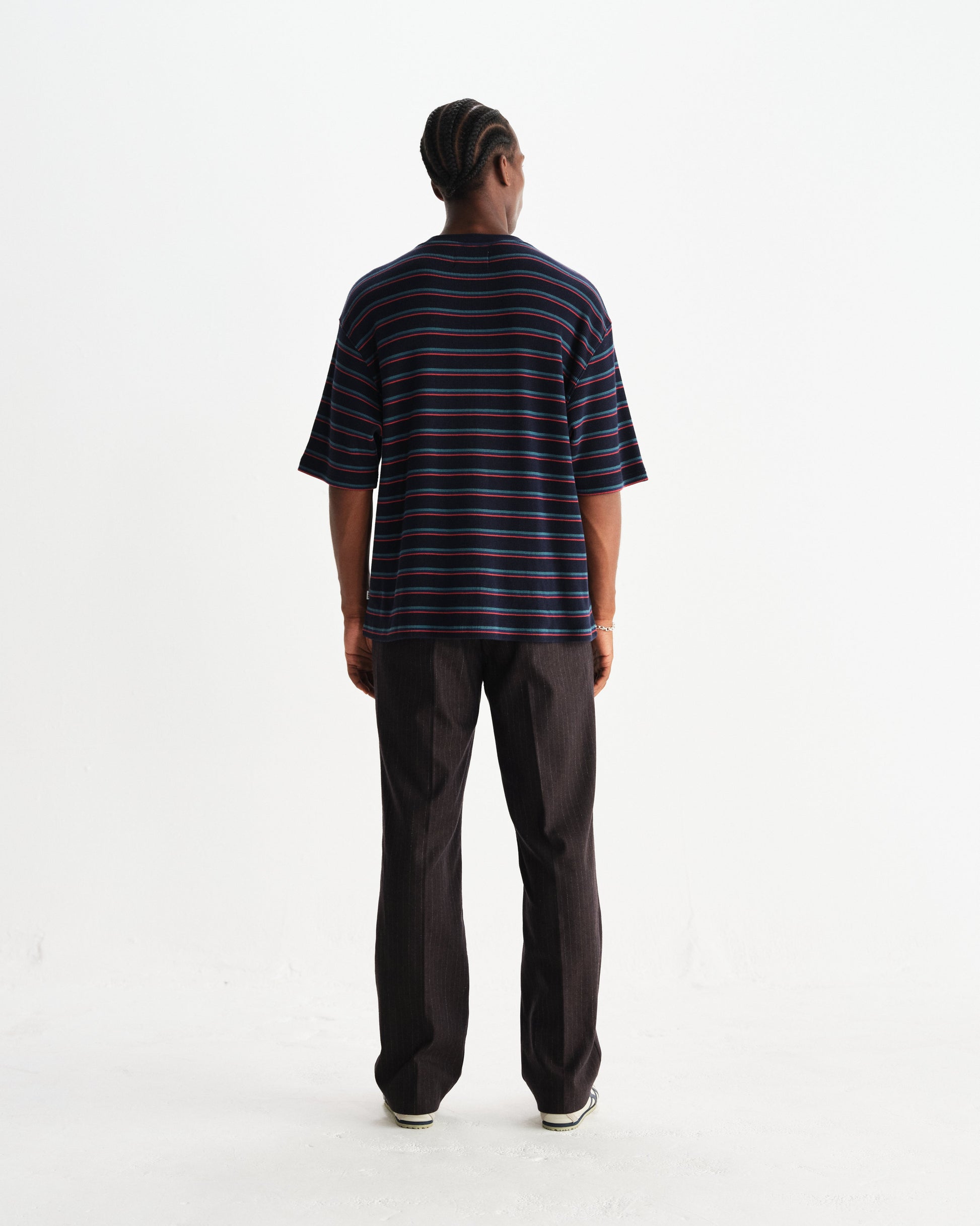 wax london men's Milton - Navy Organic Stripe Waffle Cotton T-Shirt