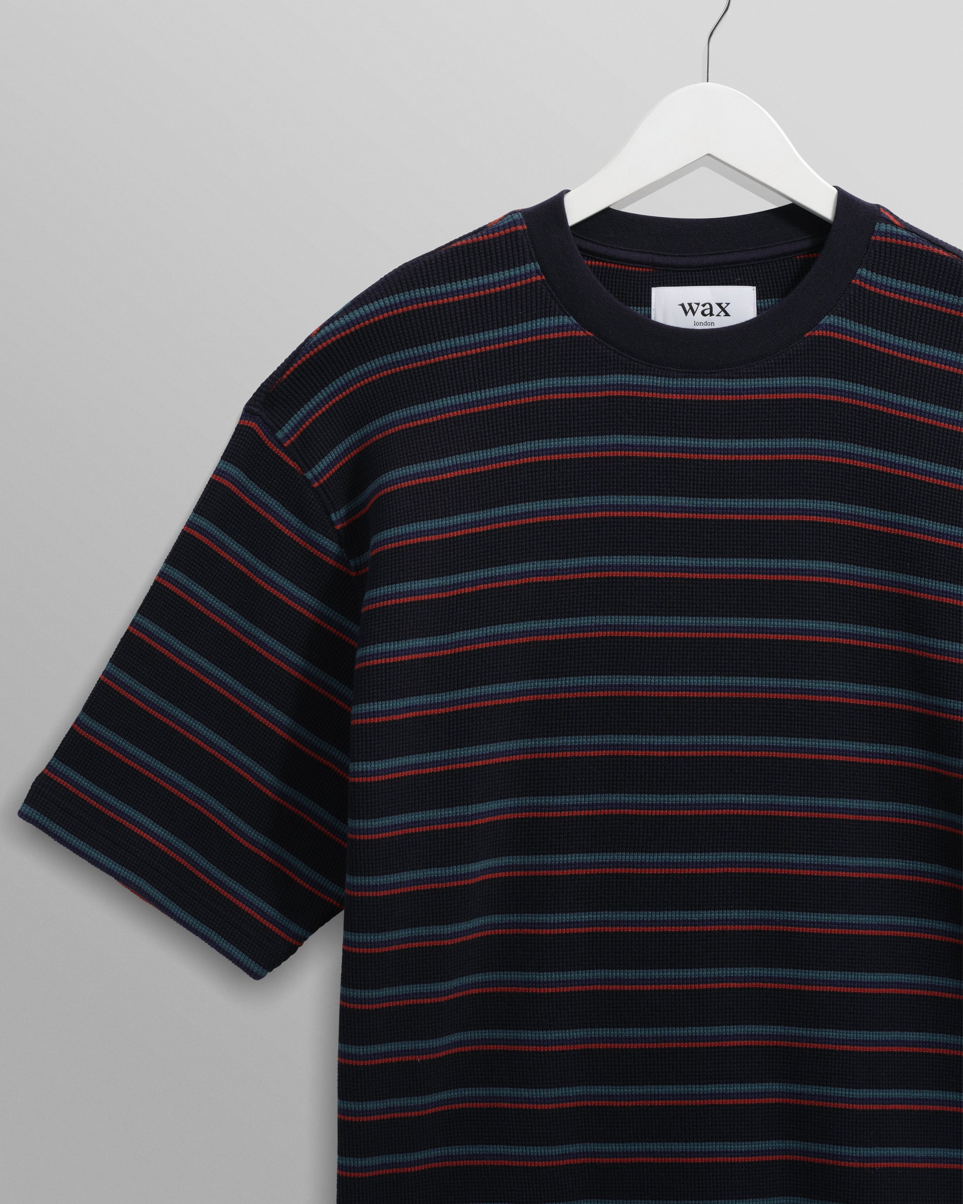 wax london men's Milton - Navy Organic Stripe Waffle Cotton T-Shirt