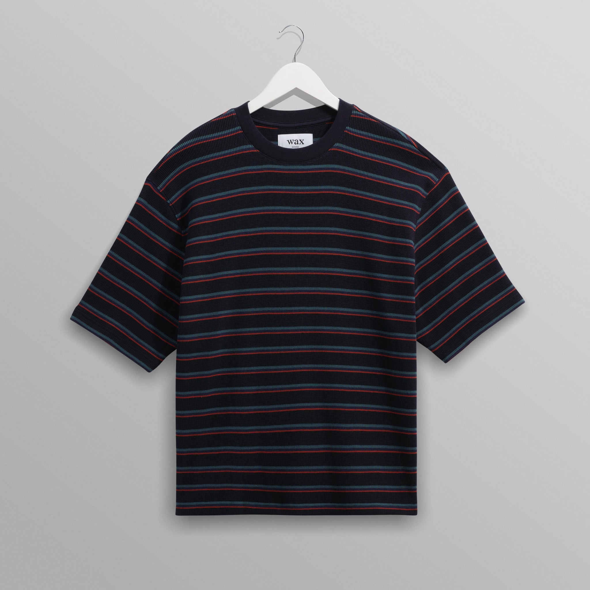 wax london men's Milton - Navy Organic Stripe Waffle Cotton T-Shirt