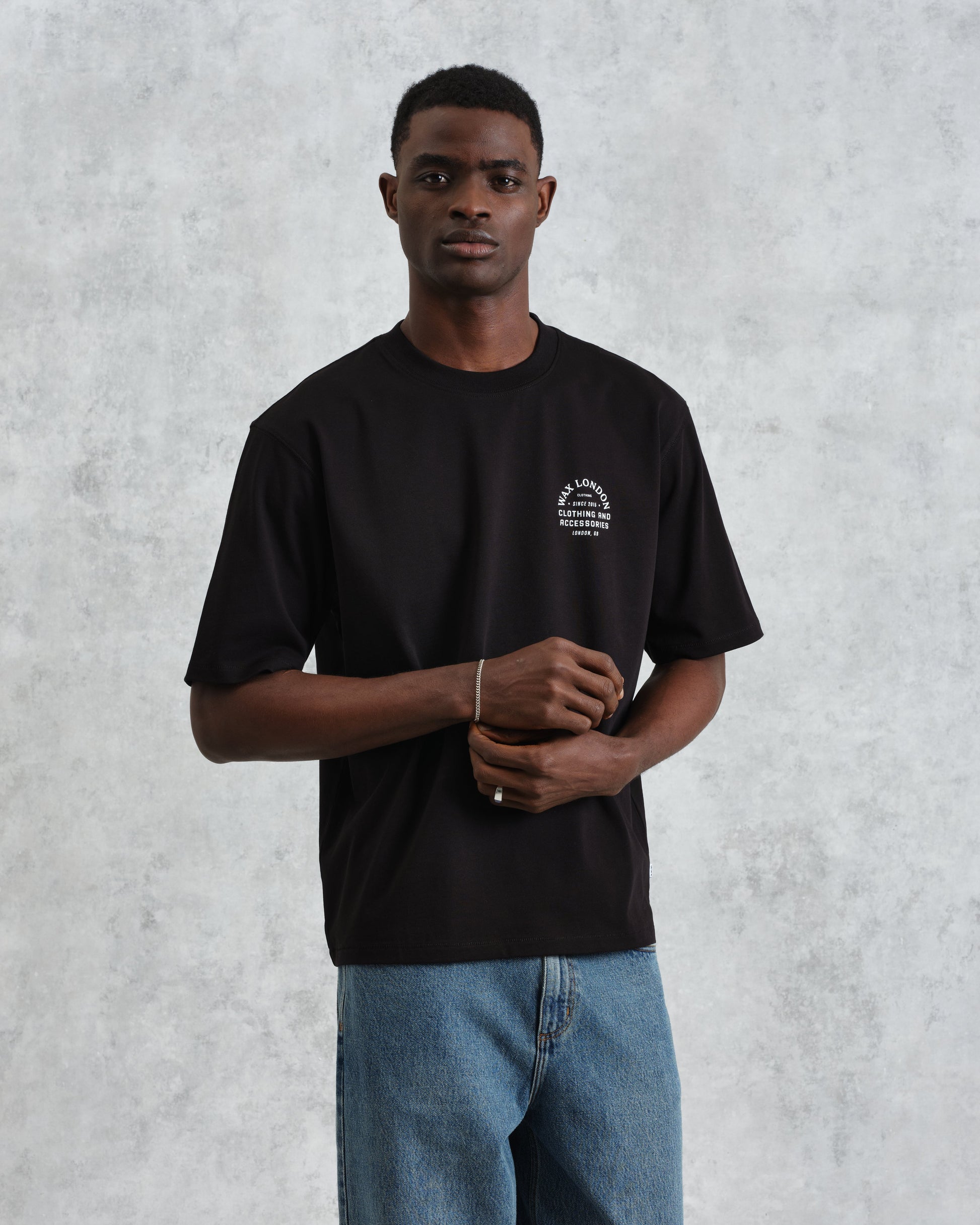 wax london men's Milton - Black Stacked Text Graphic Organic Cotton T-Shirt