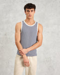 wax london men's Montague - Blue And Ecru Striped Ribbed Organic Cotton Vest