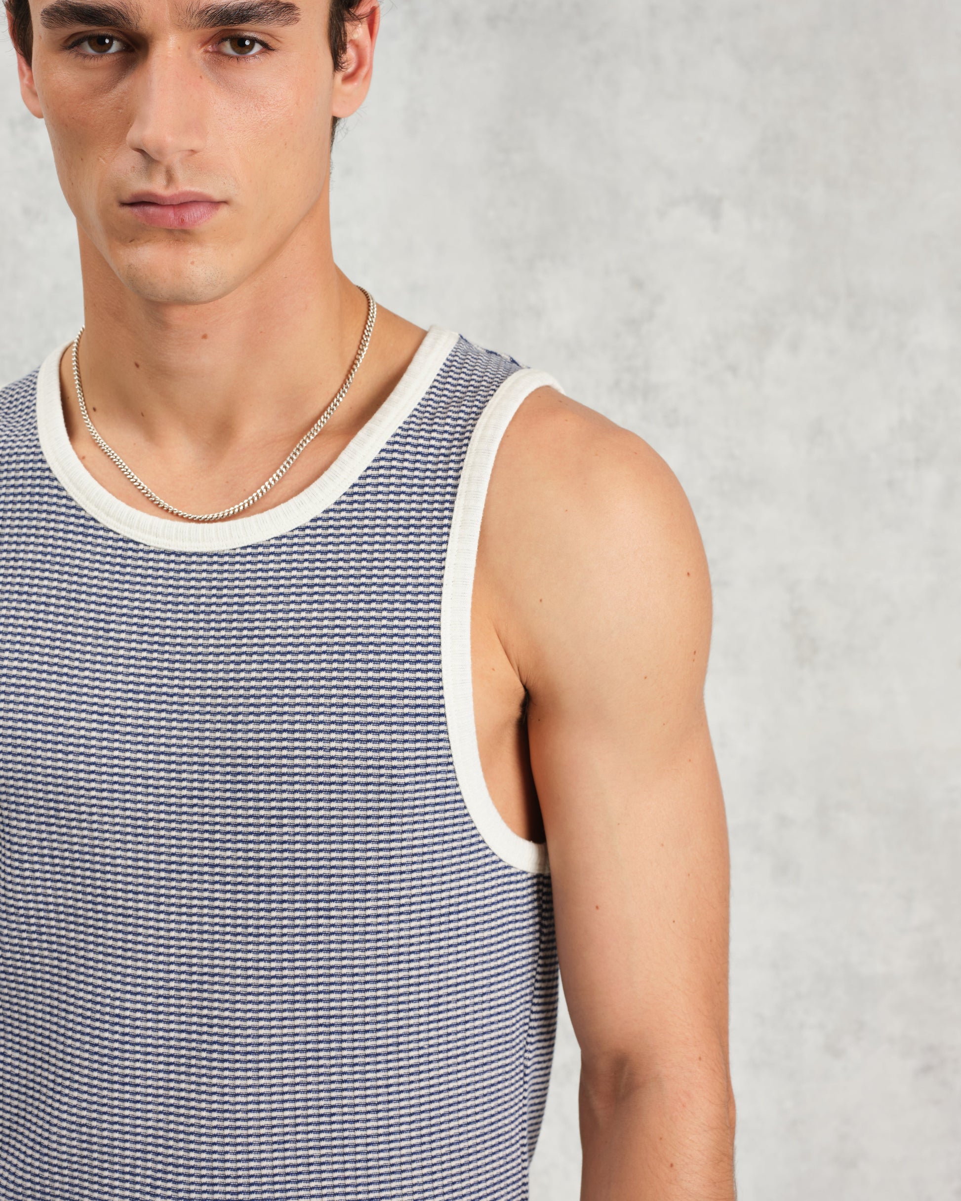 wax london men's Montague - Blue And Ecru Striped Ribbed Organic Cotton Vest