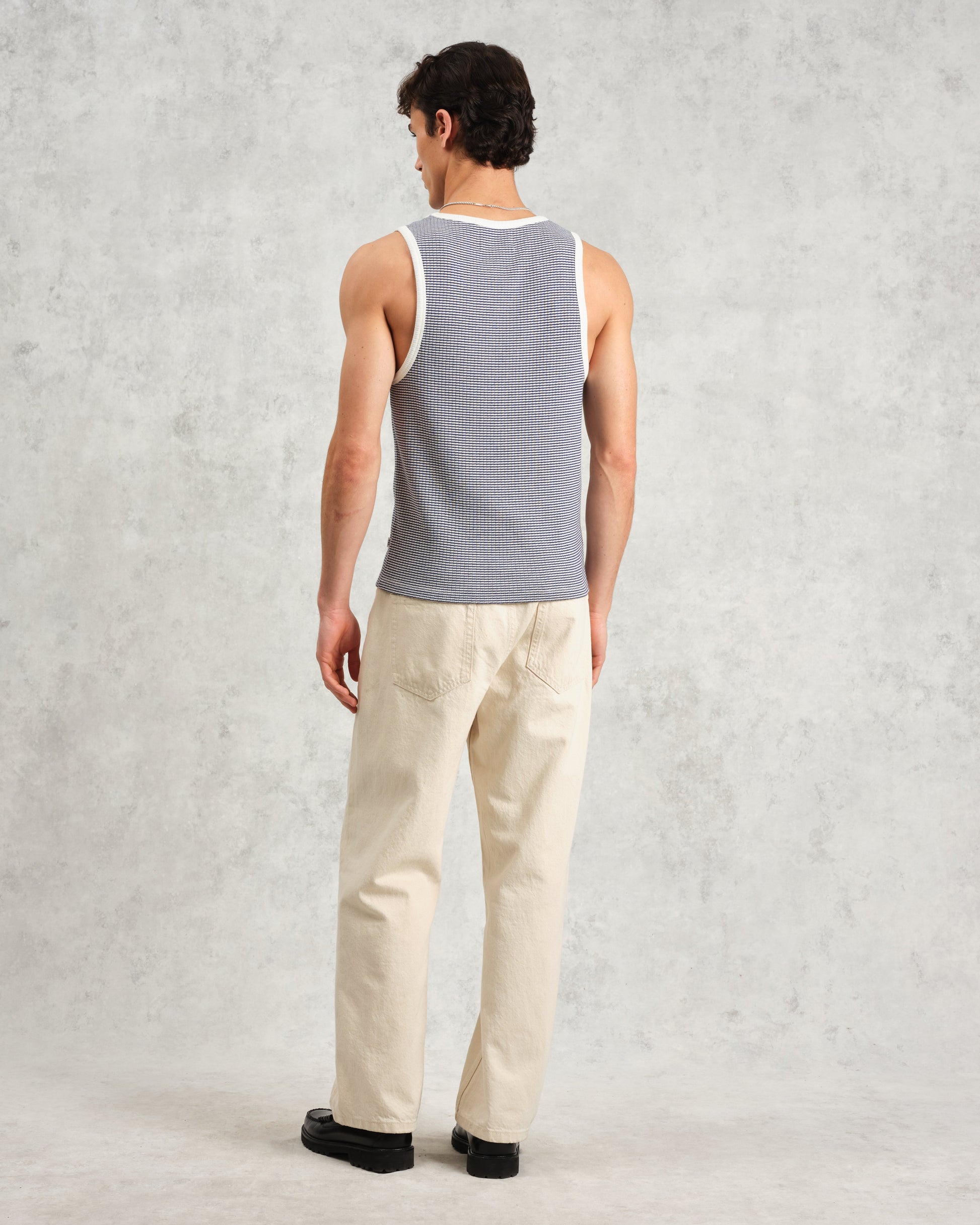 wax london men's Montague - Blue And Ecru Striped Ribbed Organic Cotton Vest