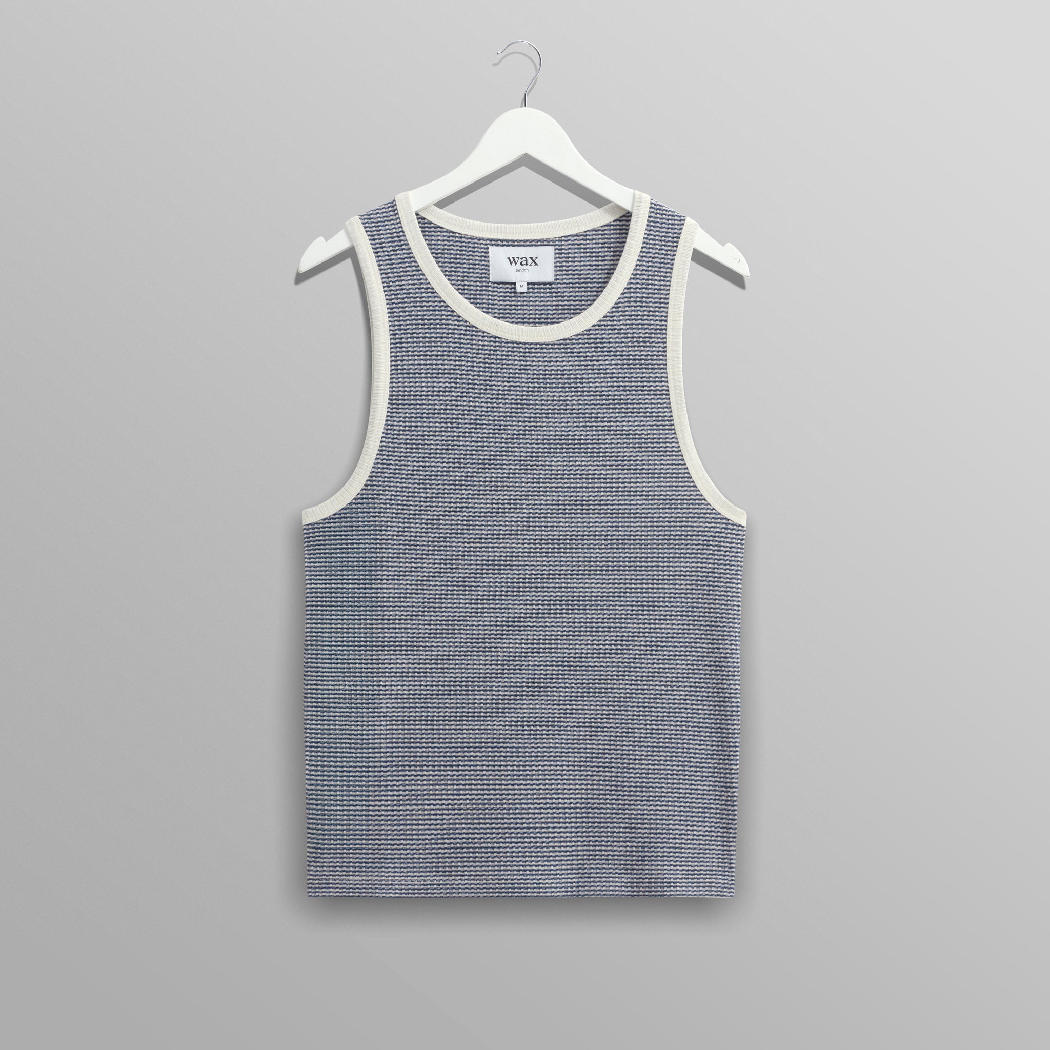 wax london men's Montague - Blue And Ecru Striped Ribbed Organic Cotton Vest