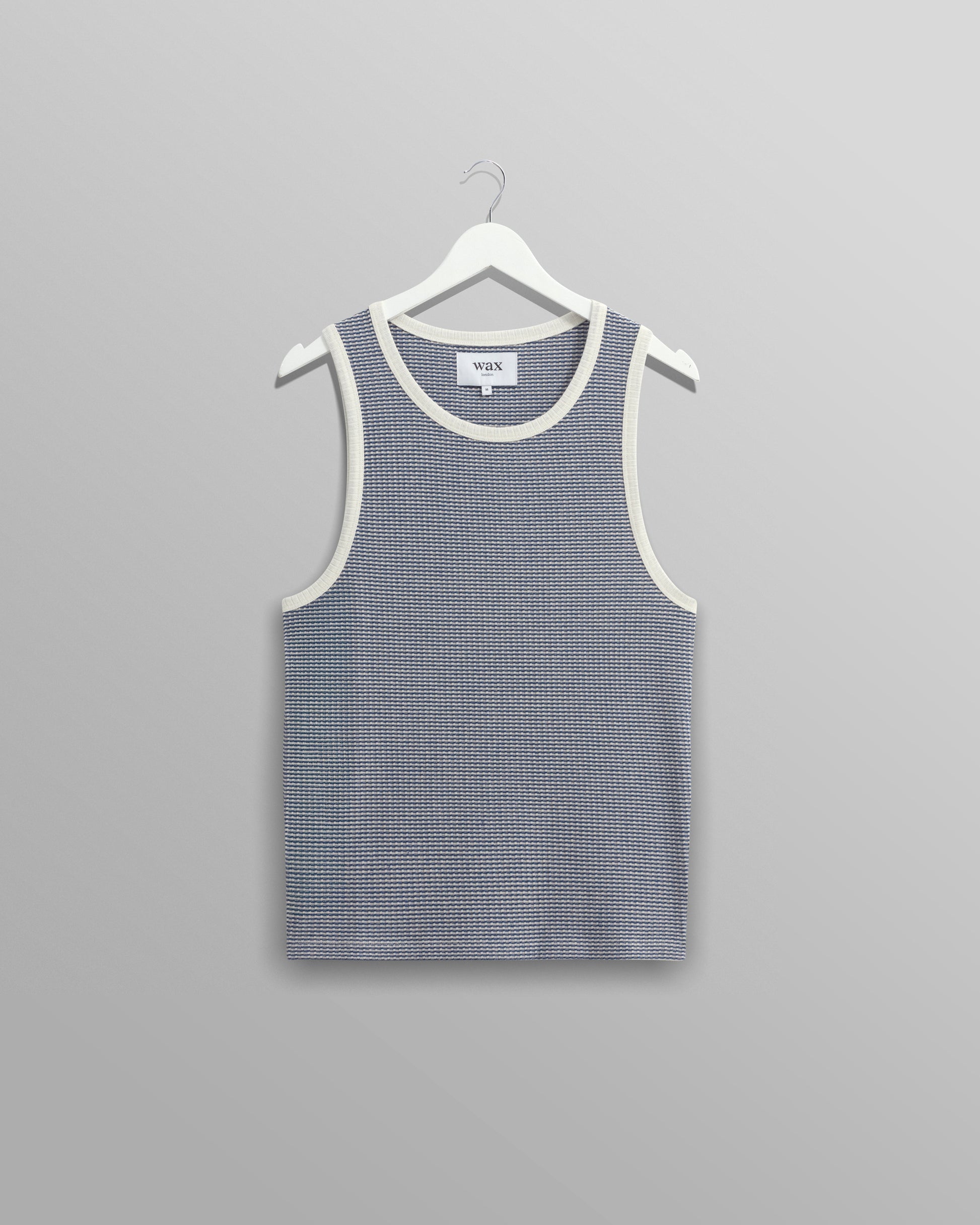 wax london men's Montague - Blue And Ecru Striped Ribbed Organic Cotton Vest