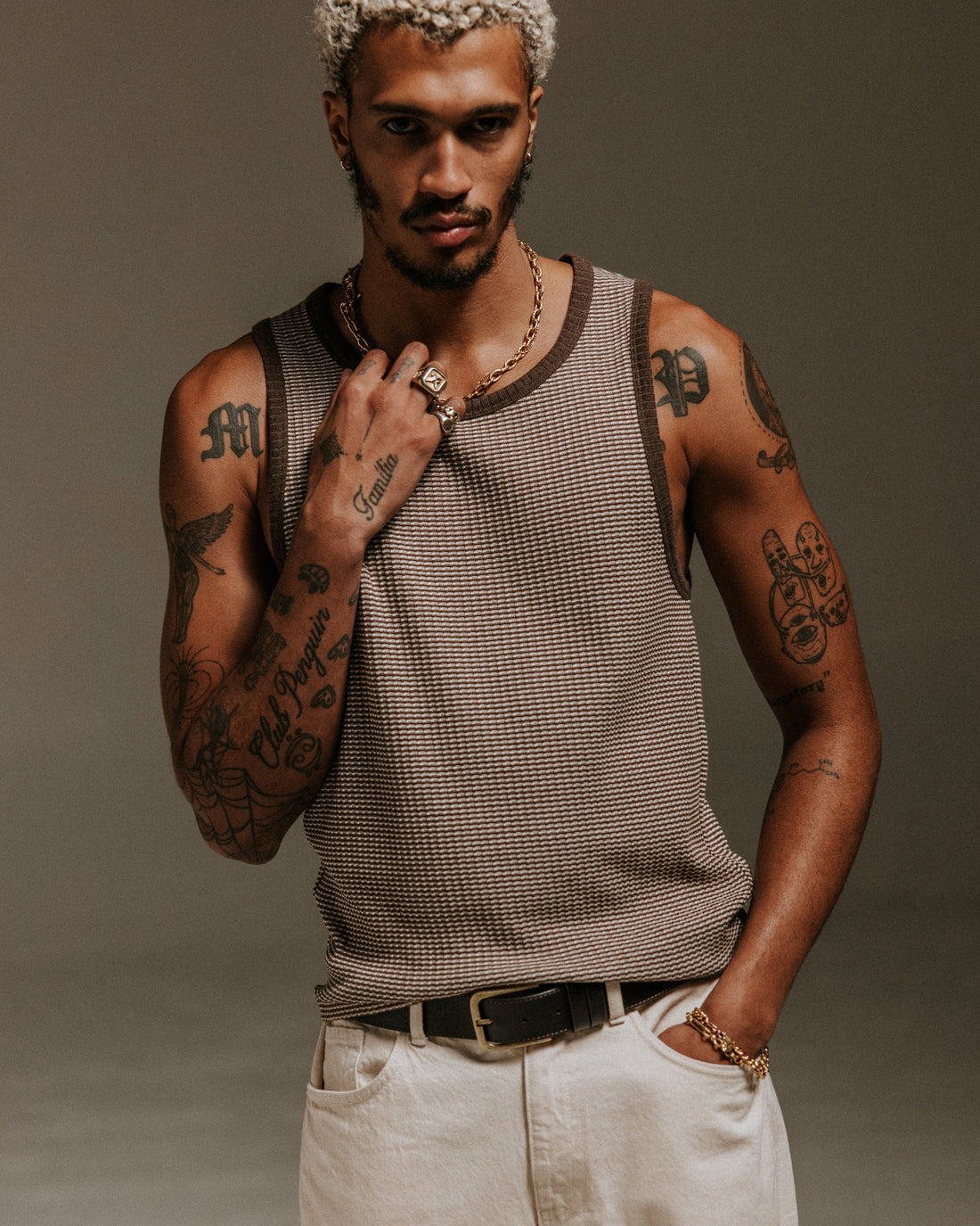 wax london men's Montague - Brown And Ecru Striped Ribbed Organic Cotton Vest