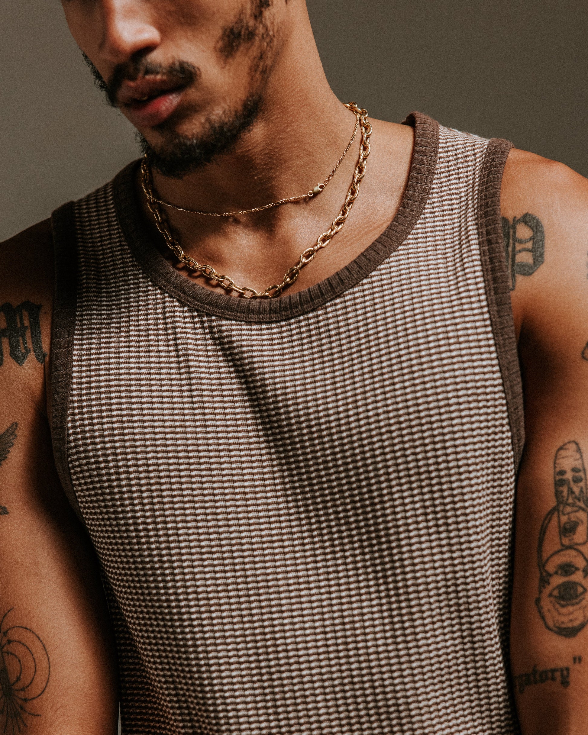 wax london men's Montague - Brown And Ecru Striped Ribbed Organic Cotton Vest